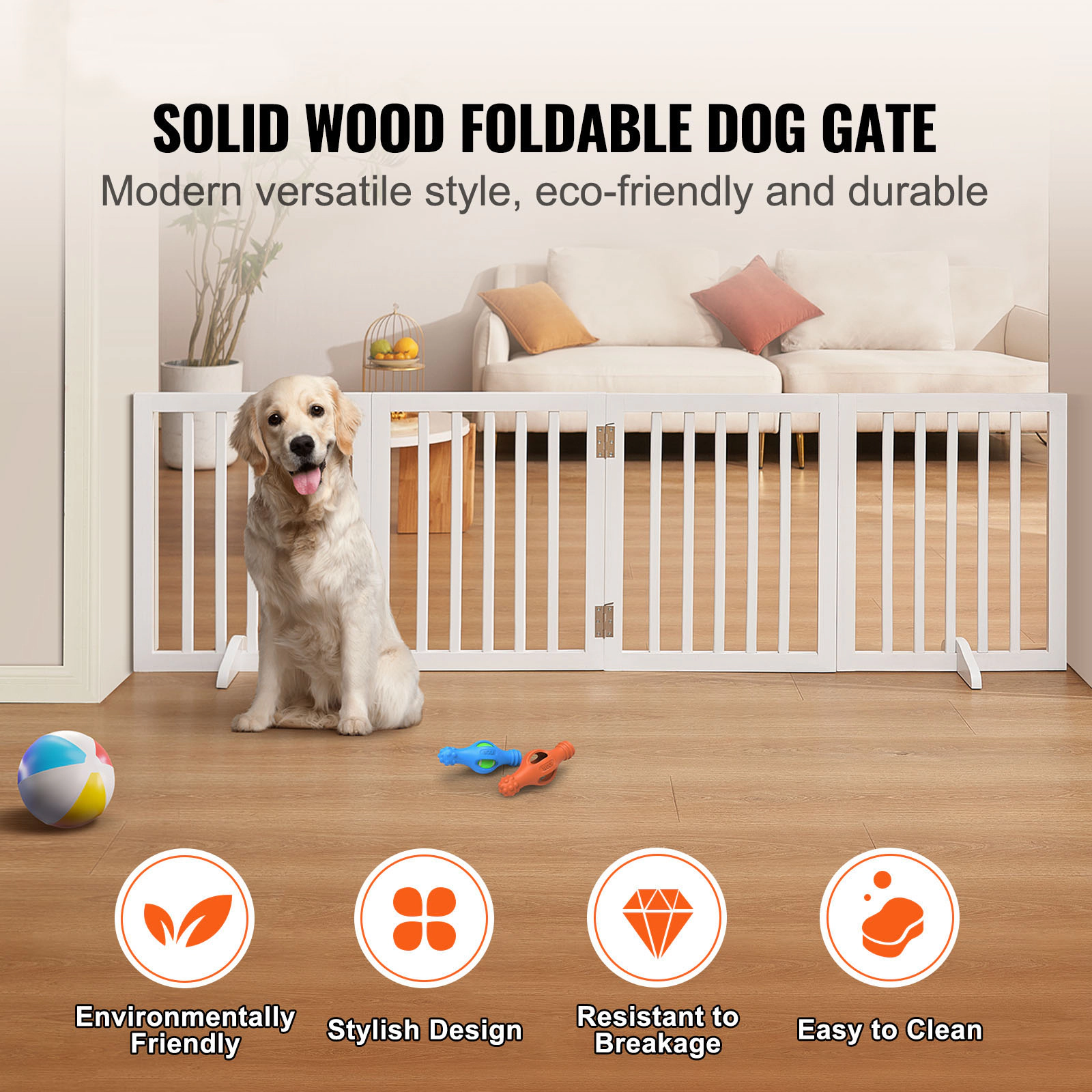 HONGGE 24-Inch Tall Freestanding Folding Dog Gate, Extends to 80.3 Inch Wide, 4-Panel Solid Wood Pet Gate, White
