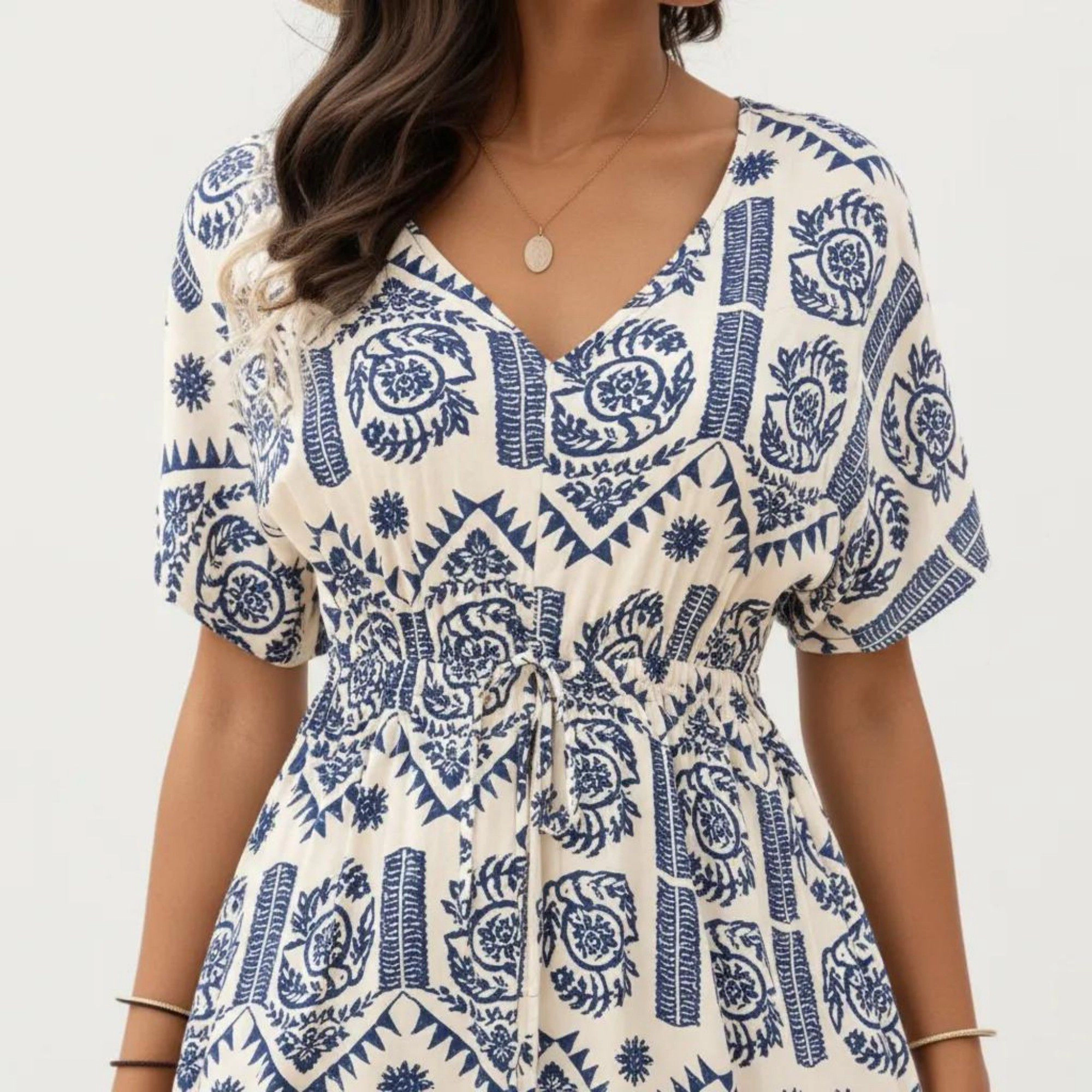 Anna-Kaci Womens Printed V-Neck Drawstring Waist Tiered Midi Dress