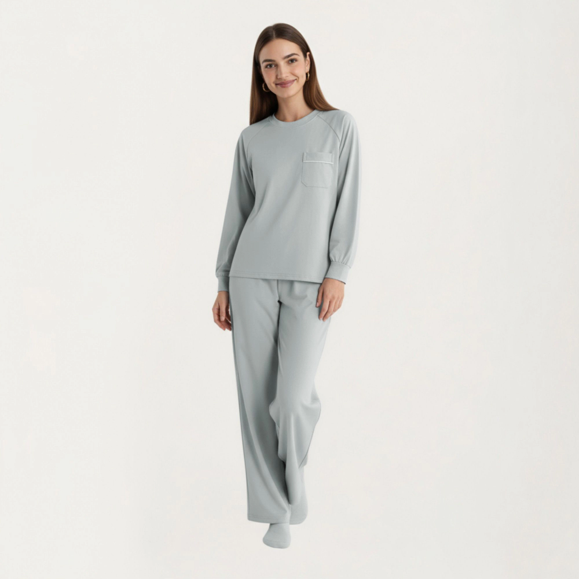 Anna-Kaci Women's 2-Piece Long Sleeve Crew Neck Top with Chest Pocket and Relaxed Fit Pants