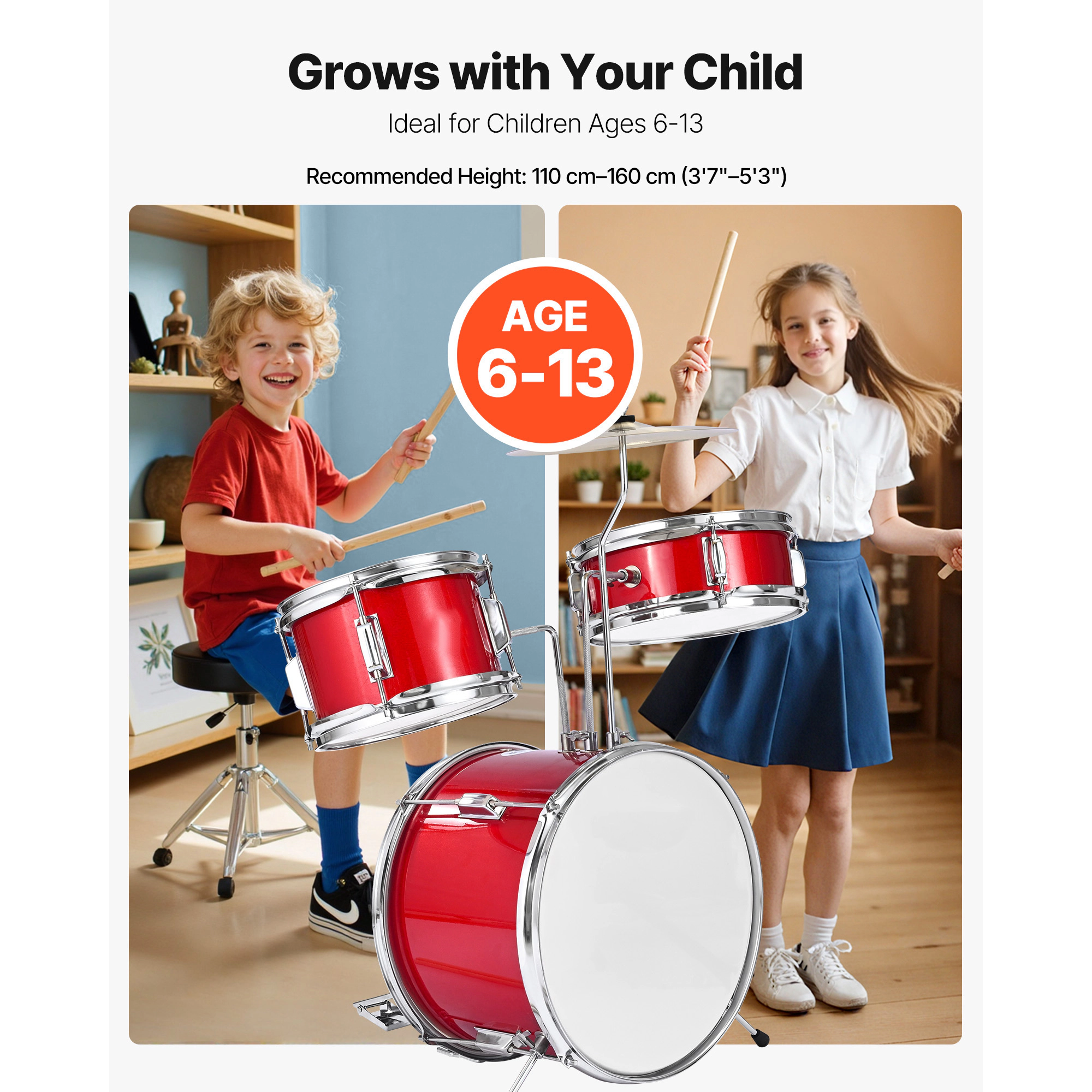 HONGGE Kids Drum Set Junior Drum Sets Beginner Drums Set with Adjustable Throne Cymbal & Two Pairs of Drumsticks