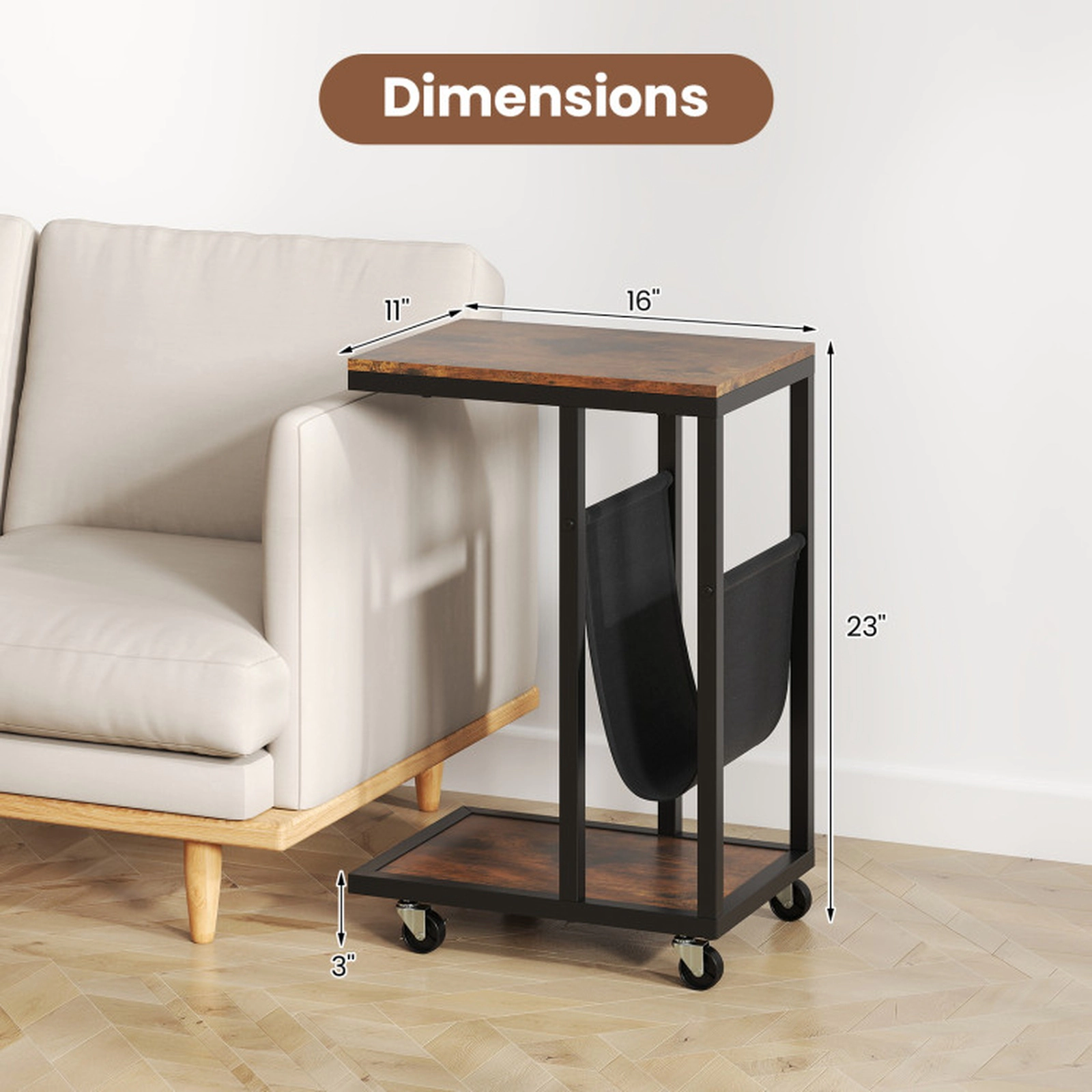 SUGIFT Rolling C-Shaped Side Table with Canvas Pouch, Metal Frame and 4 Casters