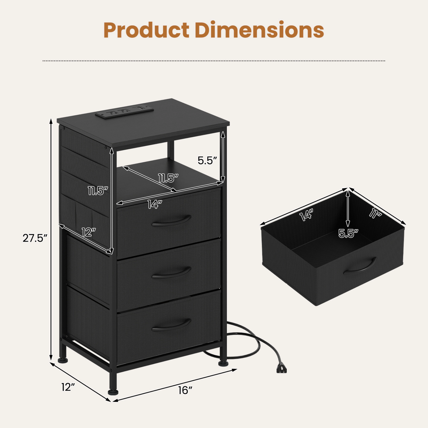 Hivvago Nightstand With Charging Station Modern Bedside Table 3 Fabric Drawers