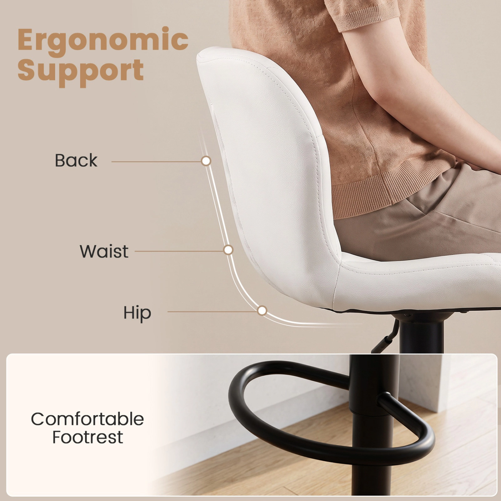 SUGIFT Set of 4 White Adjustable Swivel Bar Stools, PU Leather, Curved Back
