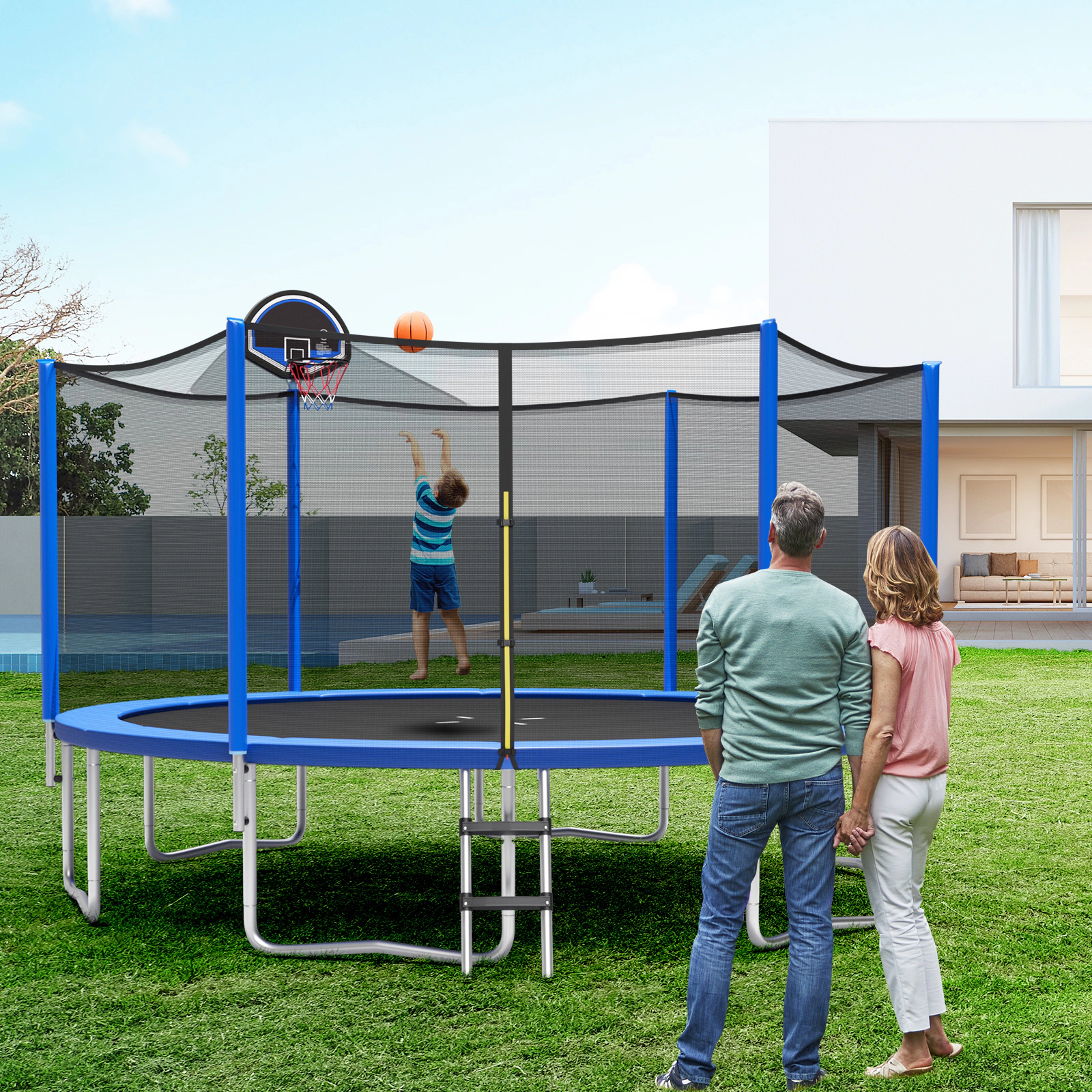 SUGIFT Kids Blue 12-ft Outdoor Recreational Trampoline with Safety Enclosure Net 400-lb Jumper Capacity Ages 3+