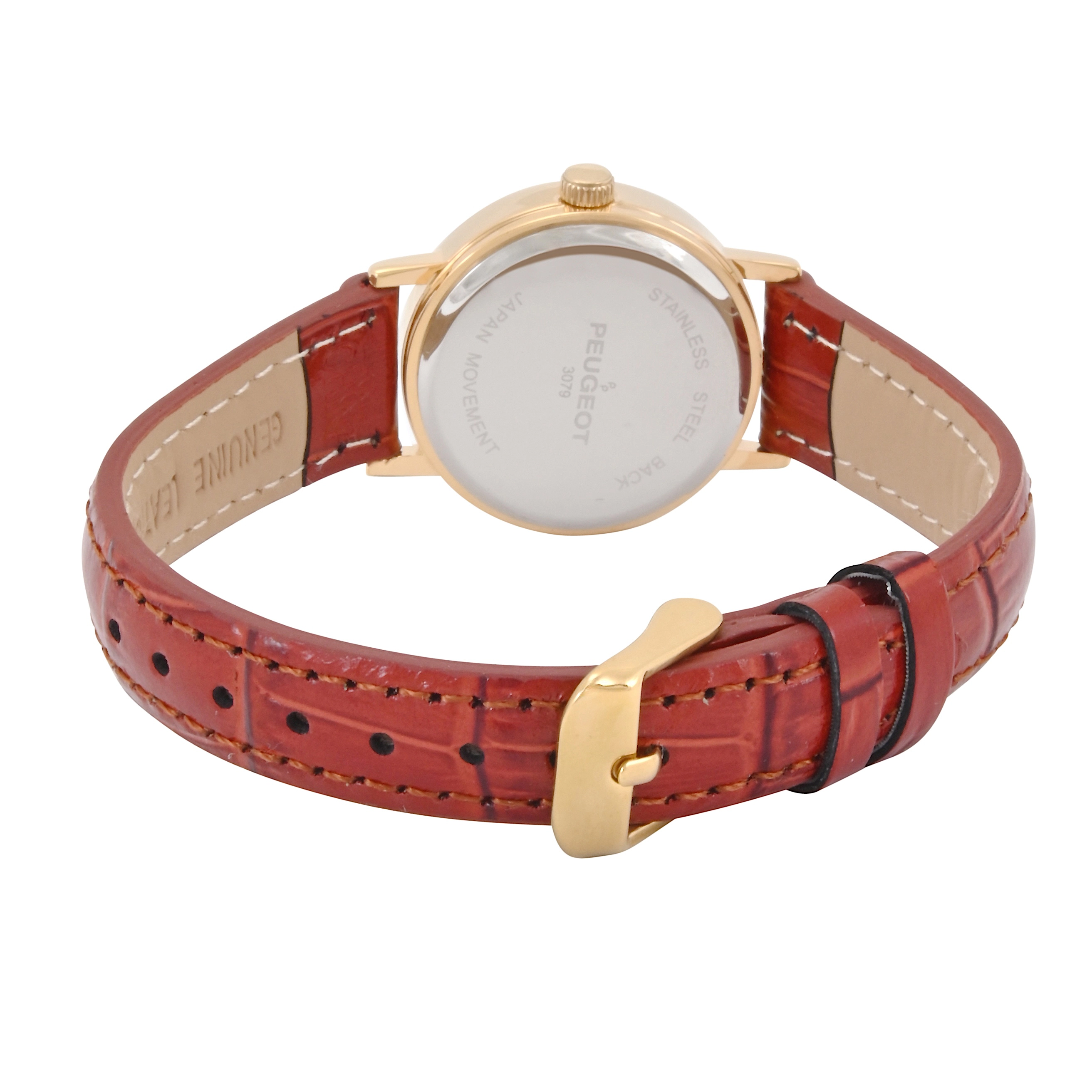 Peugeot Womens Small Face Easy Read Minimalist Brown Leather Strap Watch
