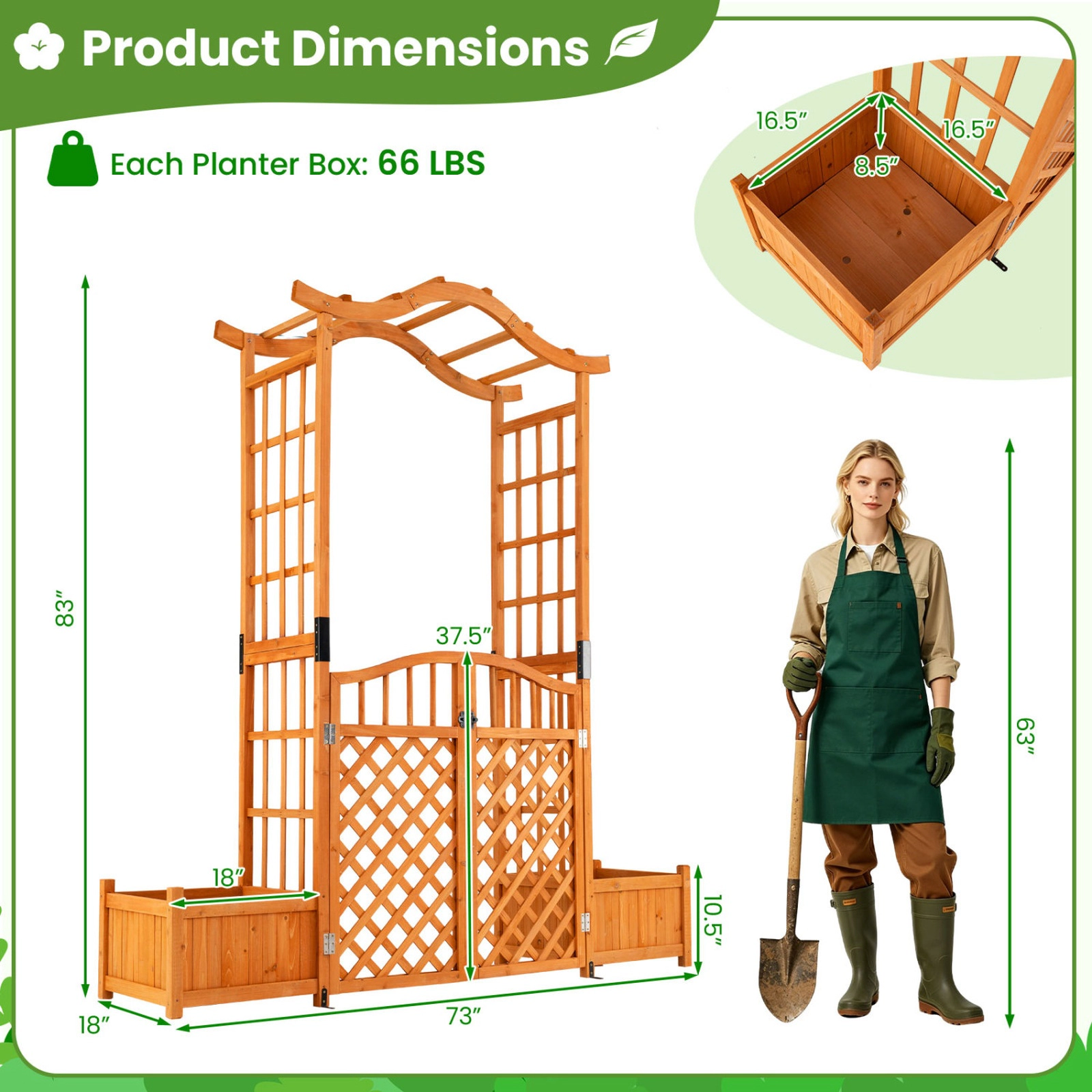 SUGIFT Yellow Wooden Garden Arbor with Gate and 2 Planter Boxes 73-in W 18-in D 83-in H 66-lb Per Planter Box