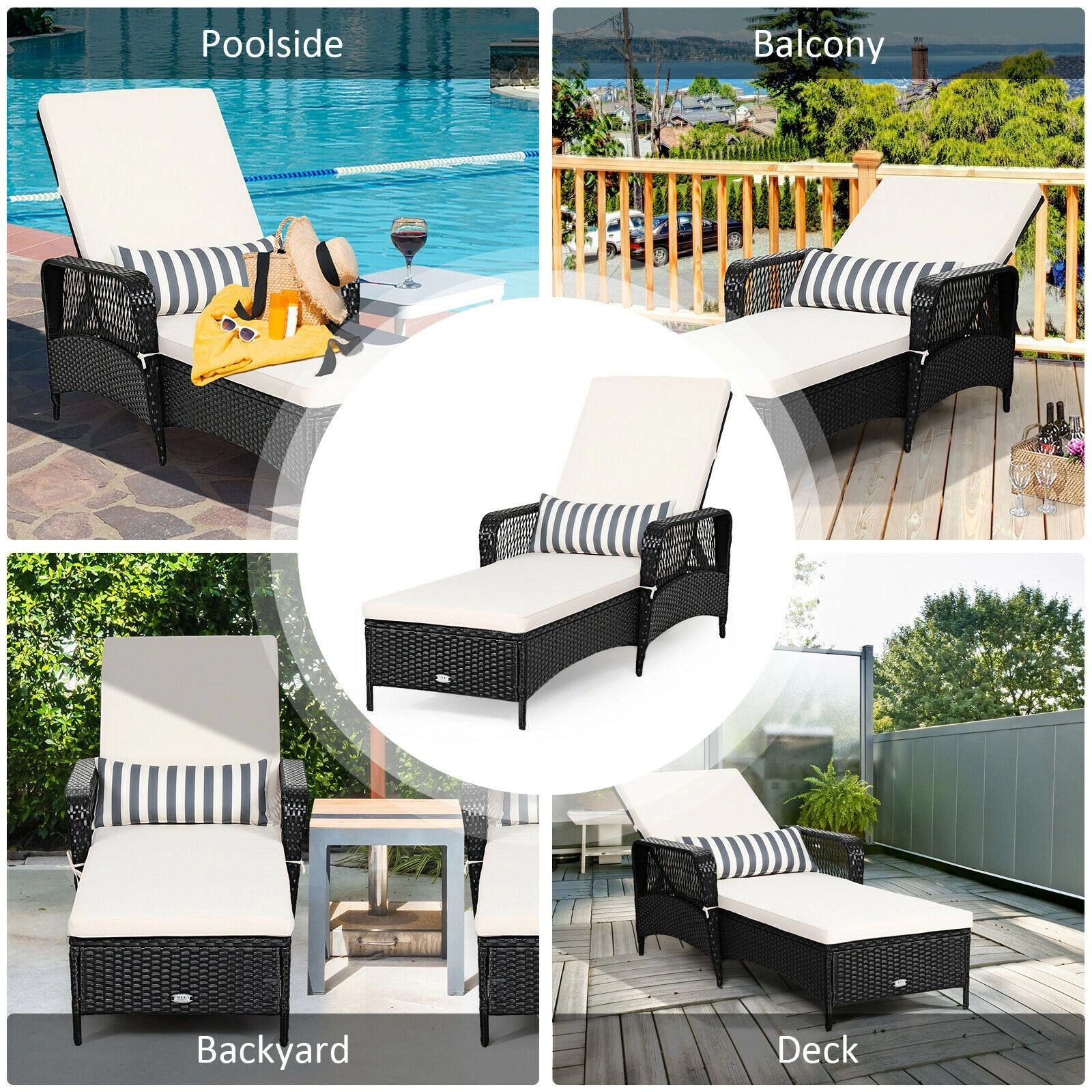 SlickBlue Outdoor Reclining Wicker Chaise Lounge with Lumbar Pillow