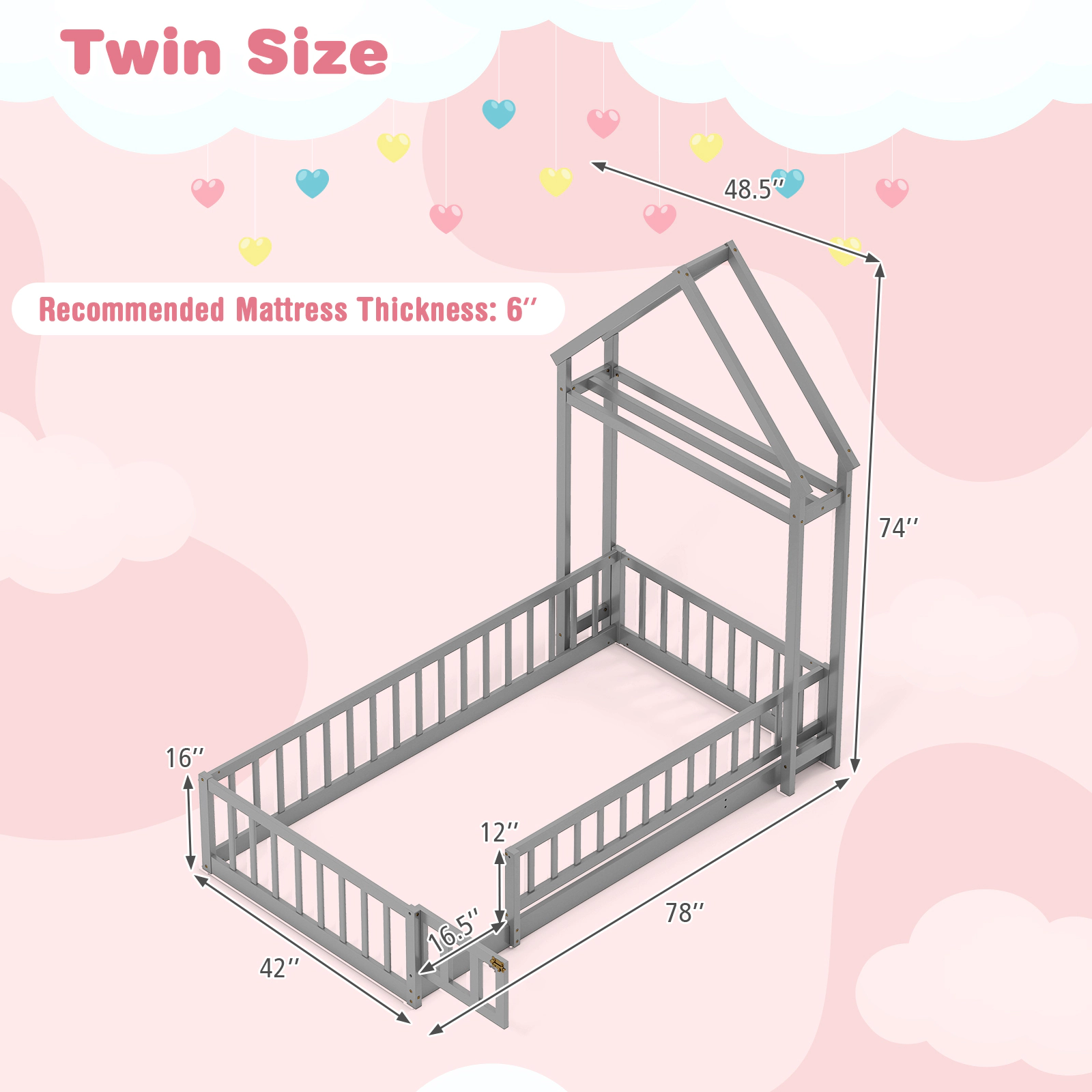 SUGIFT Twin House Floor Bed with Gabled Headboard, Safety Rails, Latching Gate and Drying Rack, Gray