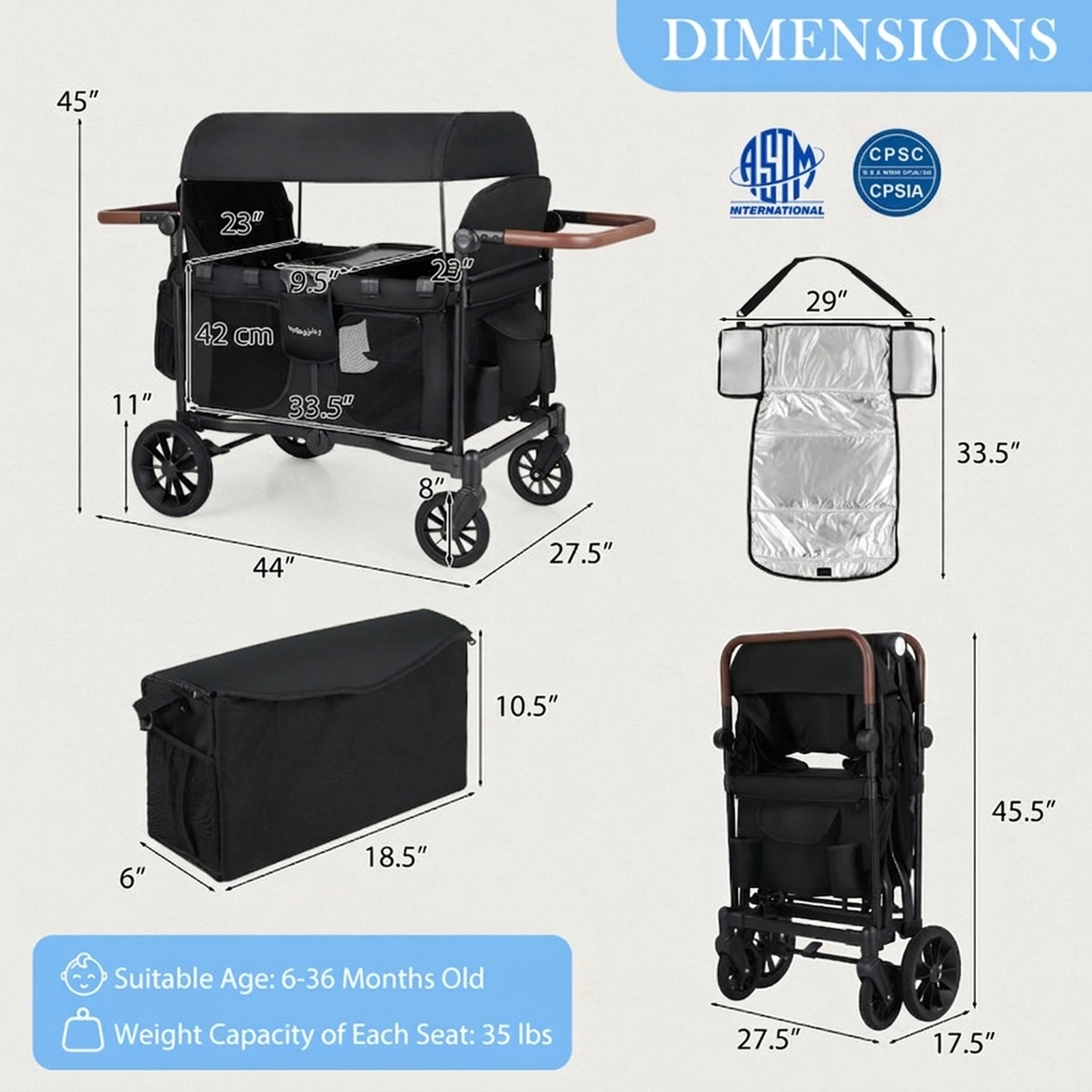 SUGIFT Toddler Black 4-Seat Wagon Stroller with 4 Detachable Padded Seats 44-in W 27.5-in D 45-in H 35-lb Per Seat