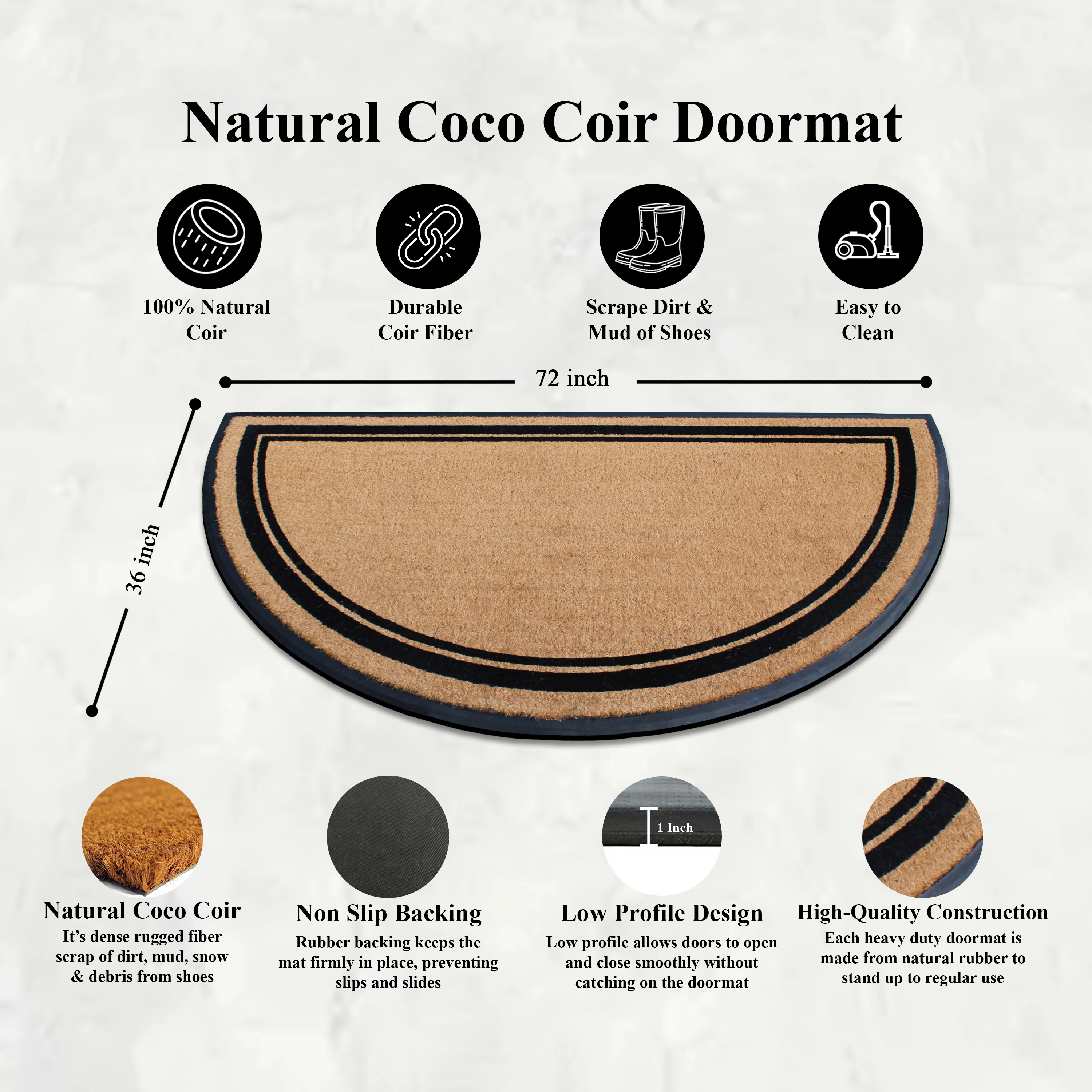 A1HC Half-Round Coir and Rubber Door Mat 36x72 Inches Low-Profile Long-Lasting Classic Semicircle