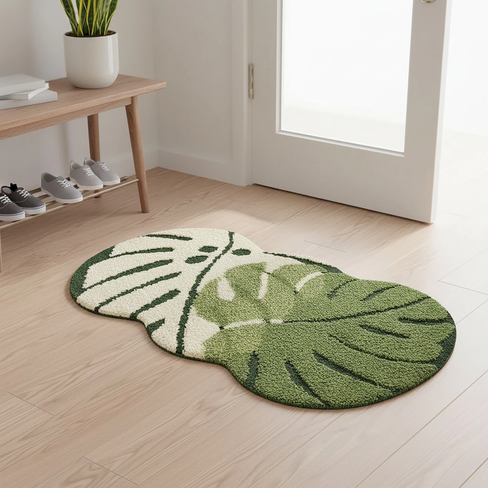 Alilang Unisex Tufted Floor Mat with Tropical Leaf Pattern Non Slip Backing Soft Plush Decorative Indoor Entryway Bathro