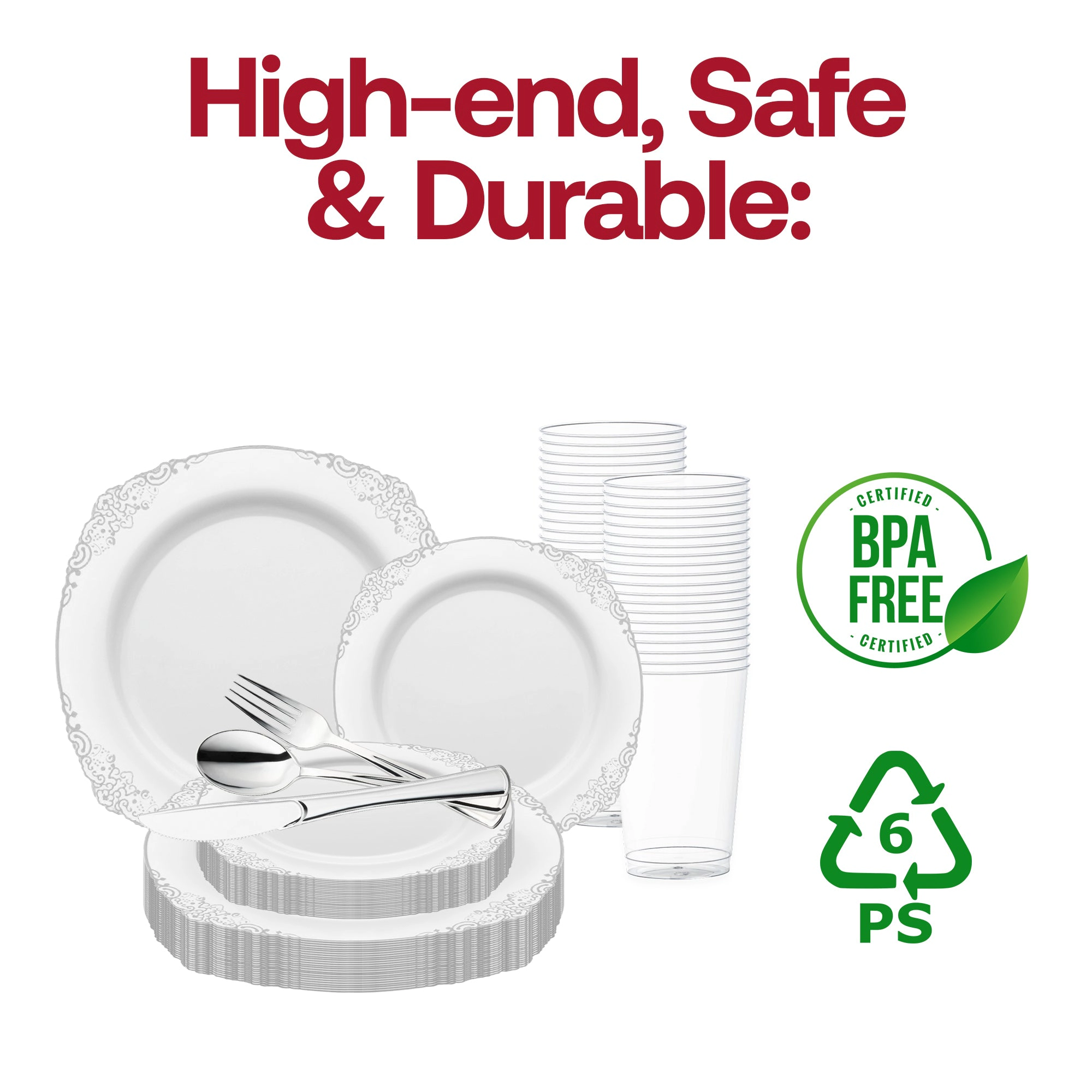 Smarty Had A Party White with Silver Fancy Round Disposable Plastic Wedding Value Set