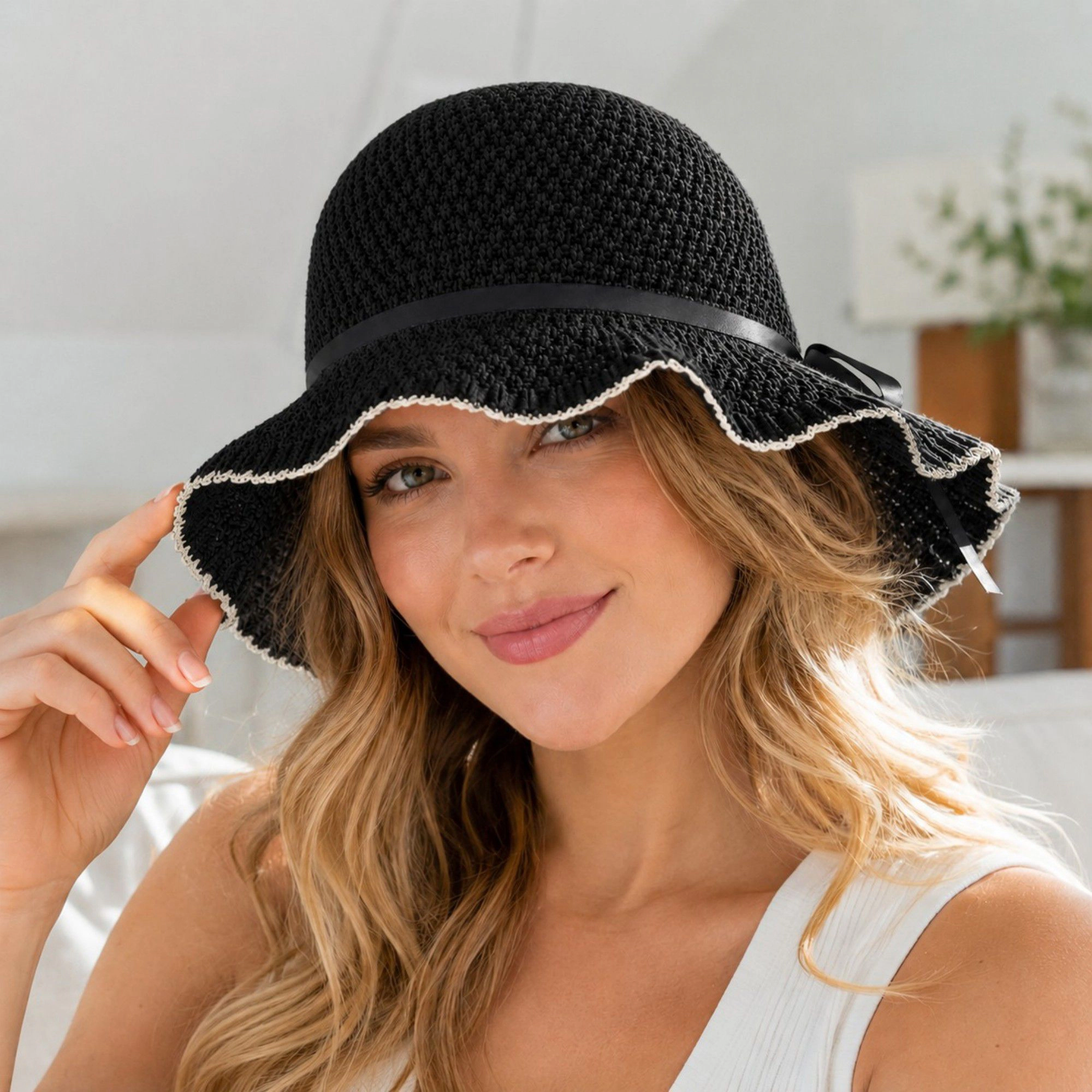 Alilang Women's Woven Bucket Hat with Scalloped Brim Ribbon Band and Bow Tie Accent
