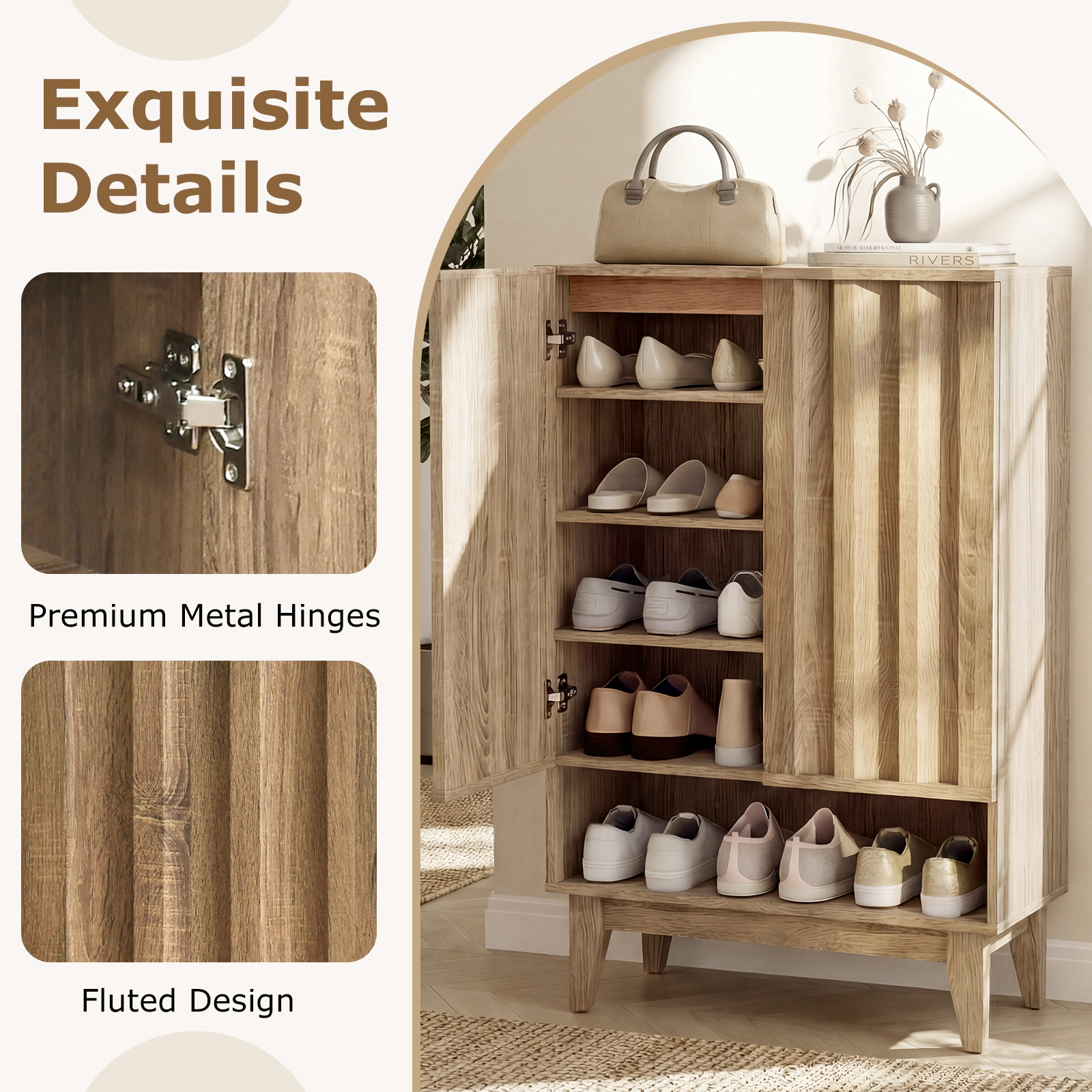 SUGIFT 6-Tier Engineered Wood Shoe Storage Organizer Cabinet with 2 Fluted Doors 110-lb Top Capacity Rustic Oak