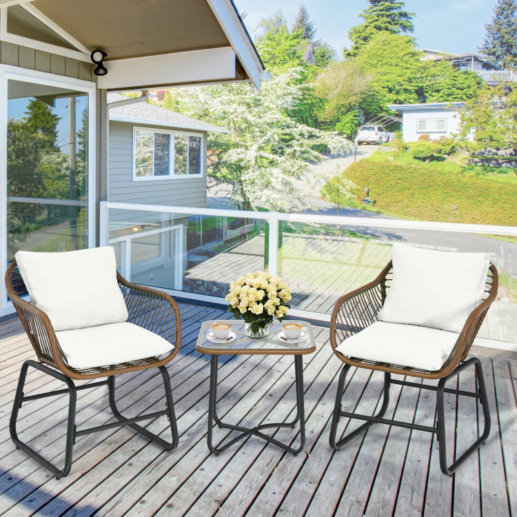 Hivvago 3 Pieces Patio Rattan Bistro Set With Cushions And Glass Table