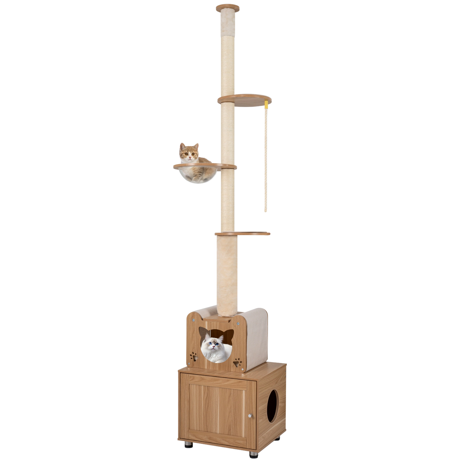 SUGIFT Height Adjustable Floor to Ceiling Cat Tree with Litter Box Enclosure 22-lb Capacity Green+Brown