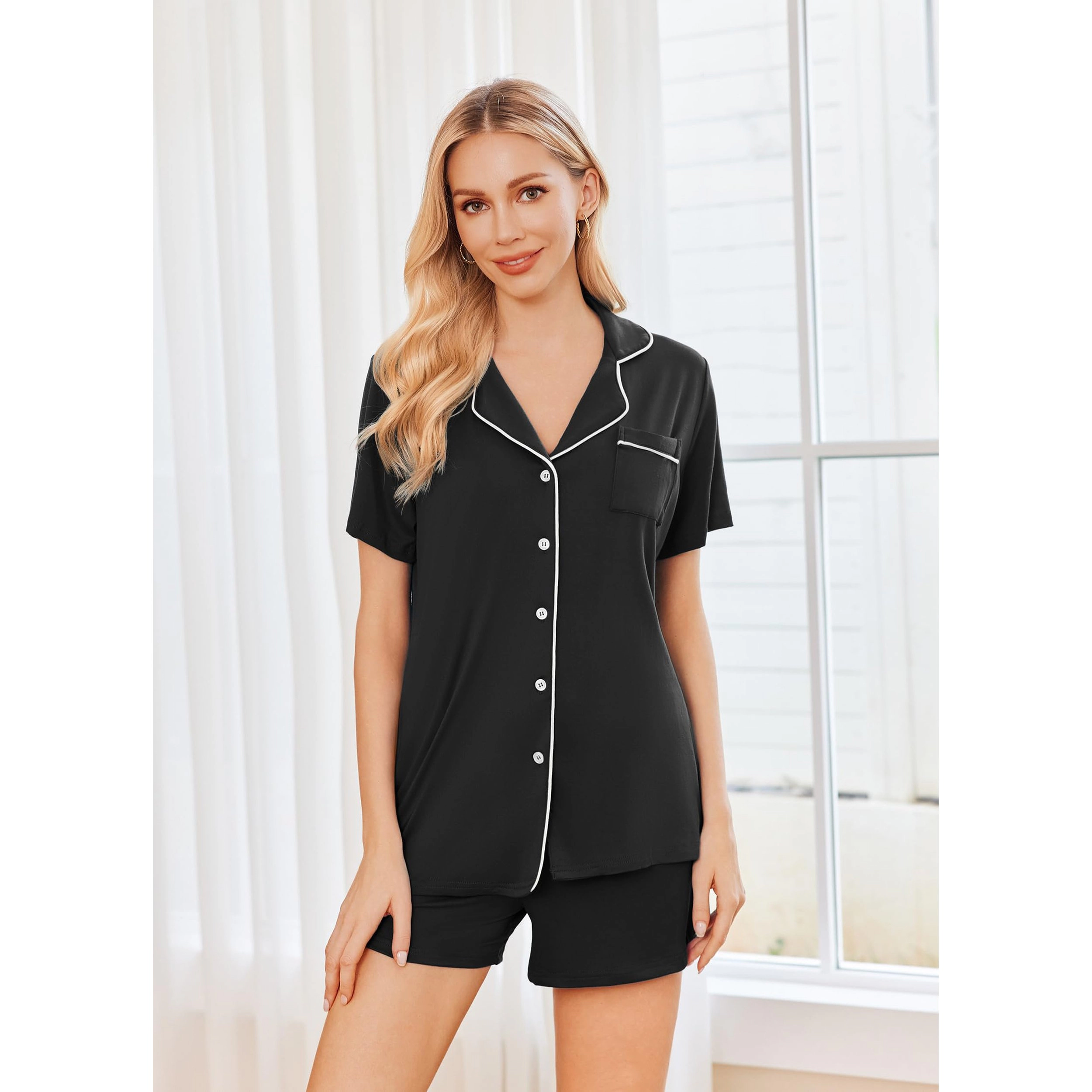 Ekouaer Women's Notch Collar Button Down Pajama Set with Shorts