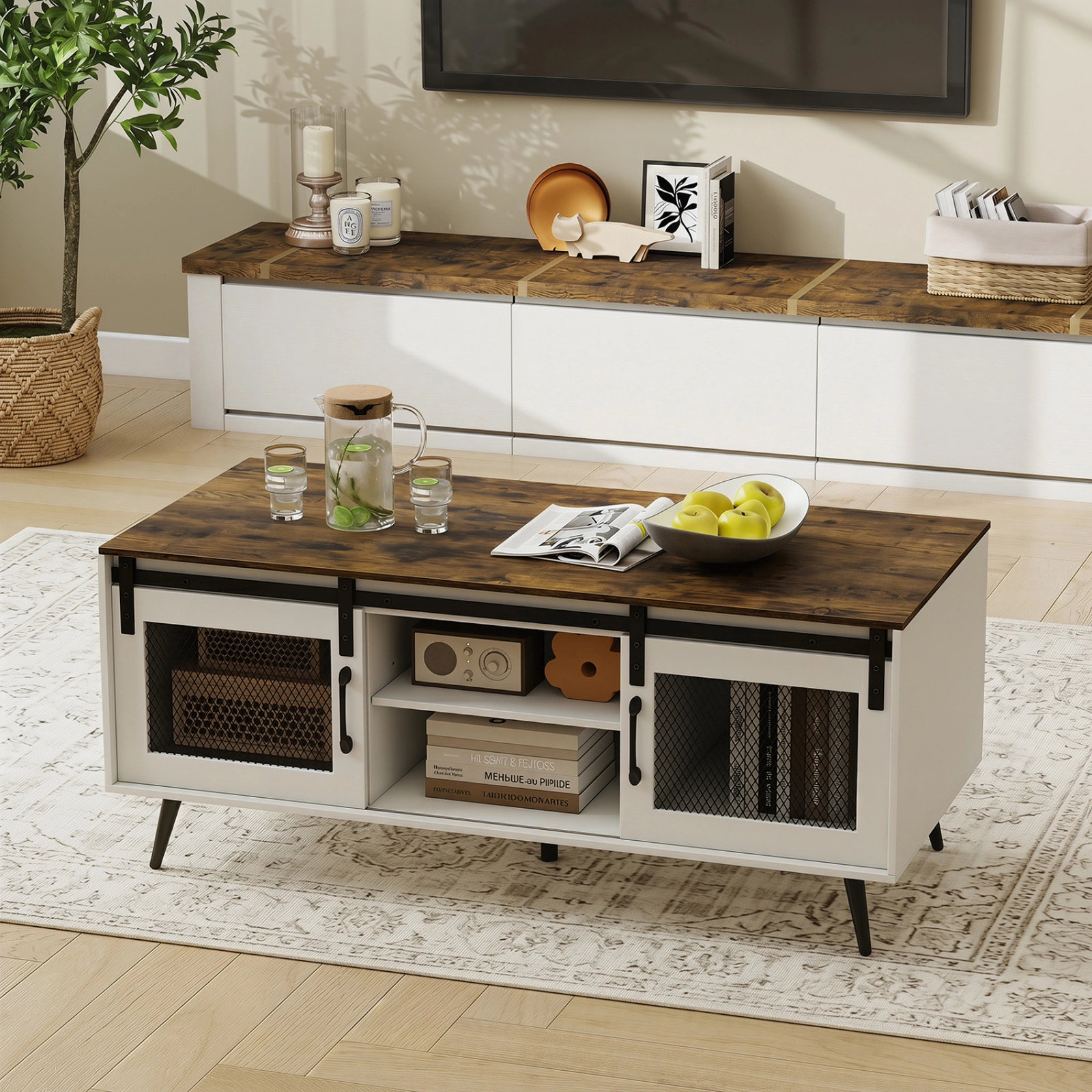 SUGIFT Sliding Barn Doors Adjustable Shelf Two-Tone Coffee Table 48-in x 22-in x 20.5-in 100-lb Capacity Rustic Brown