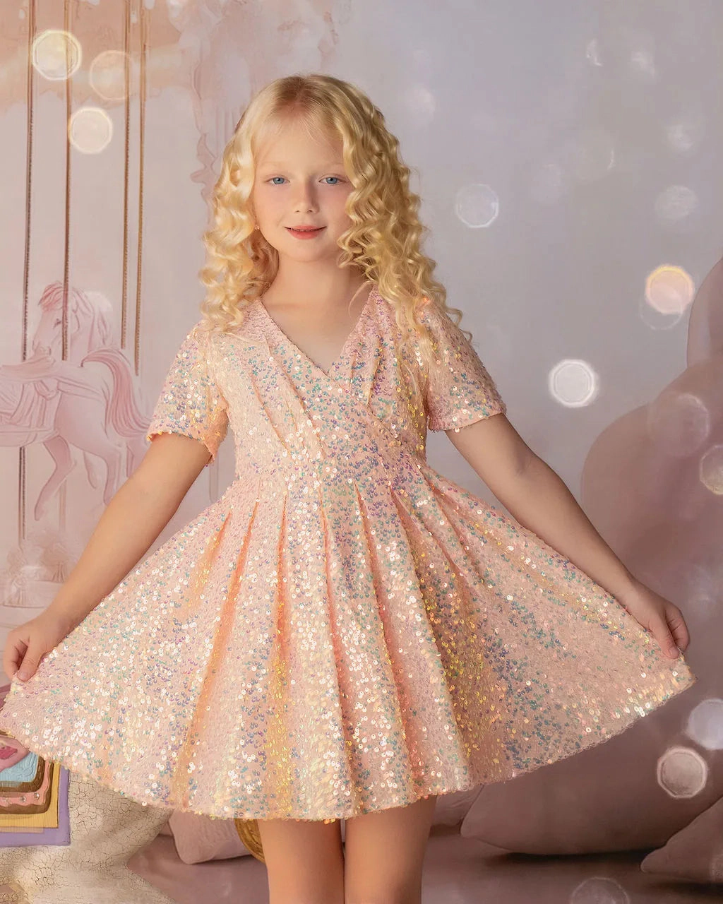 Faeella Girls Shine Like a Star Peach Sequin Birthday Dress