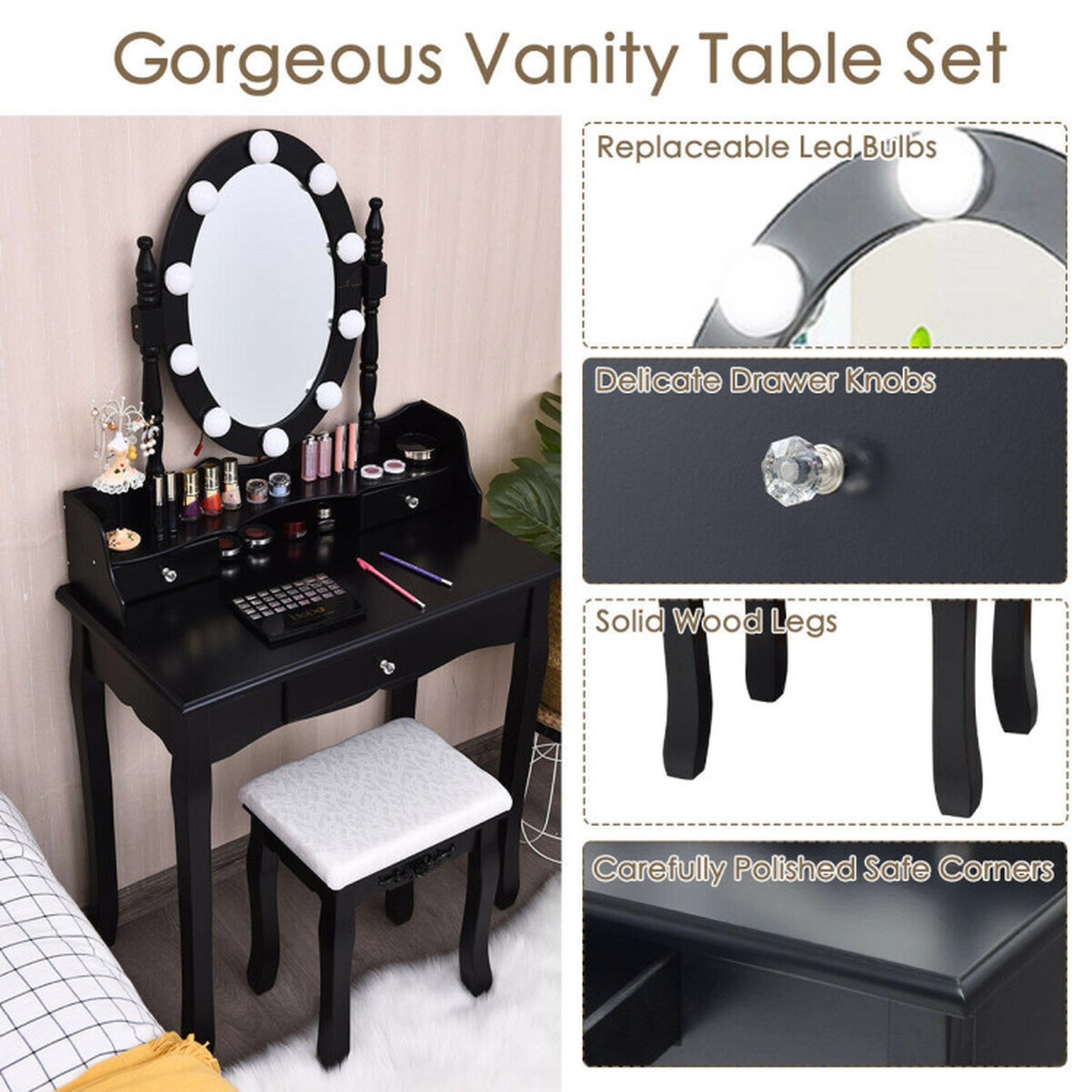 SUGIFT Oval Mirror Vanity Set with 10 LED Dimmable Bulbs and 3 Drawers 287-lb Table Capacity 250-lb Stool Capacity Black
