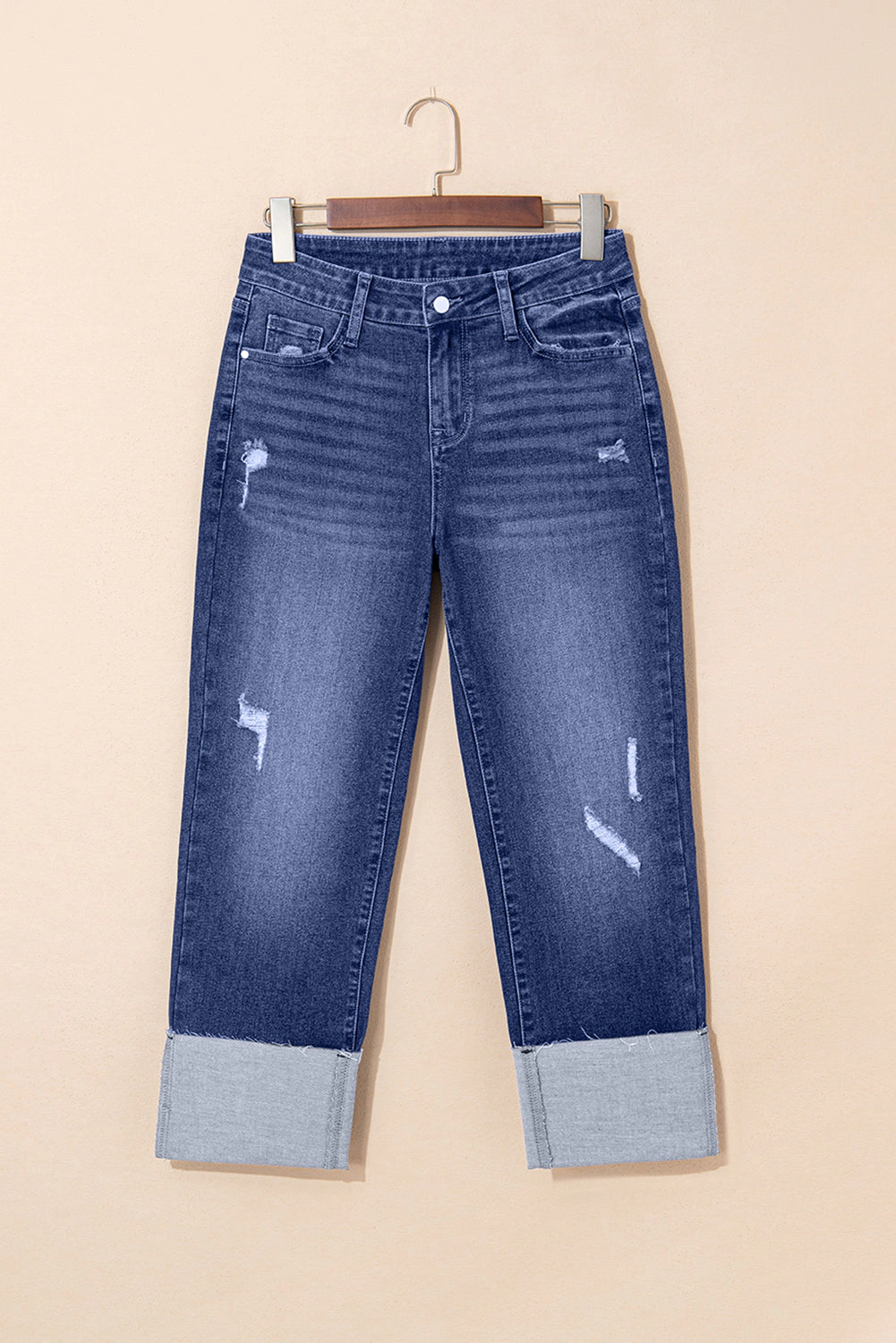 Threaded Pear Women's Jacy Cuffs Distressed Straight High Waist Jeans