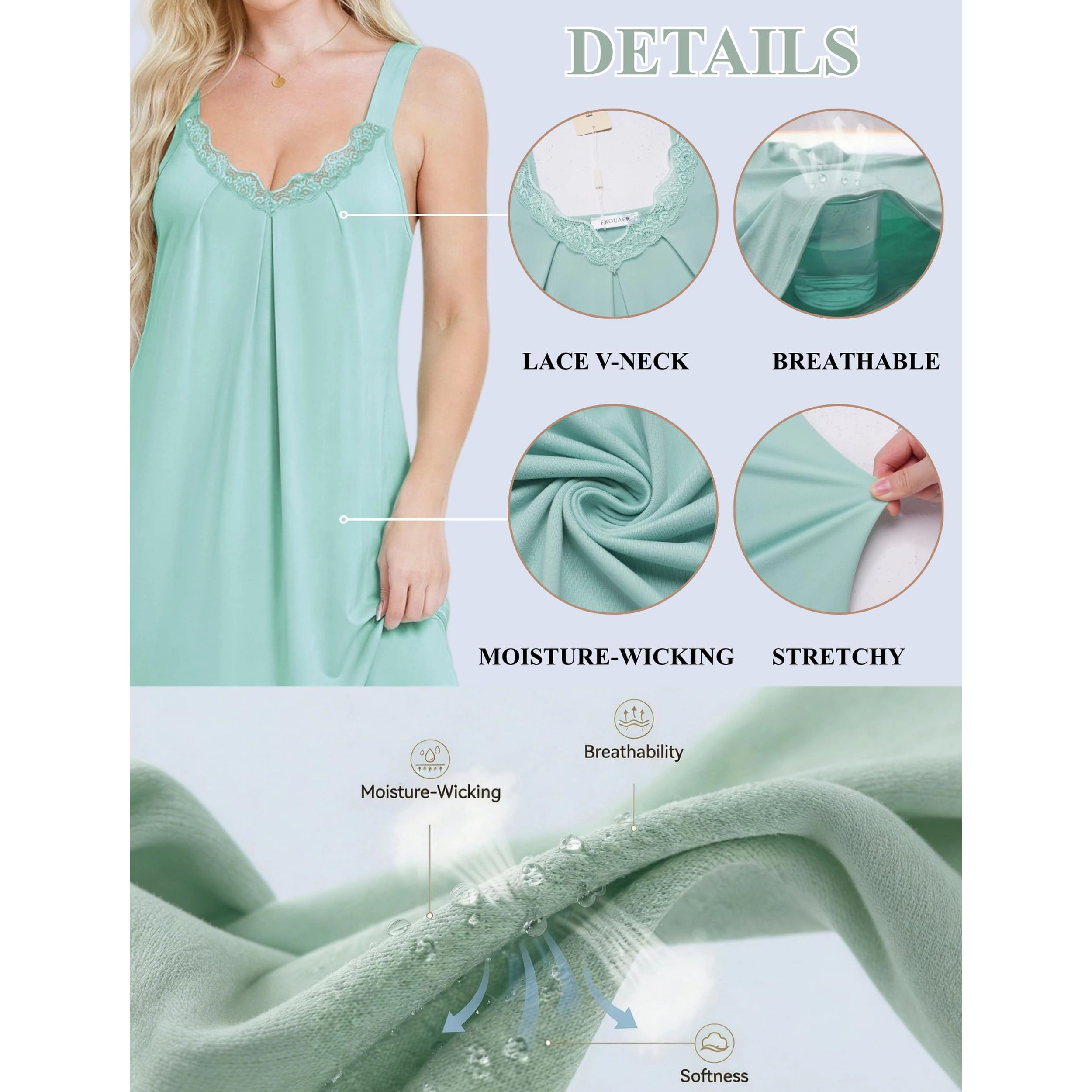 Ekouaer Sleeveless Nightgowns for Womens Lace V neck Long Nightdress Wide Strap Soft Lounge Dresses