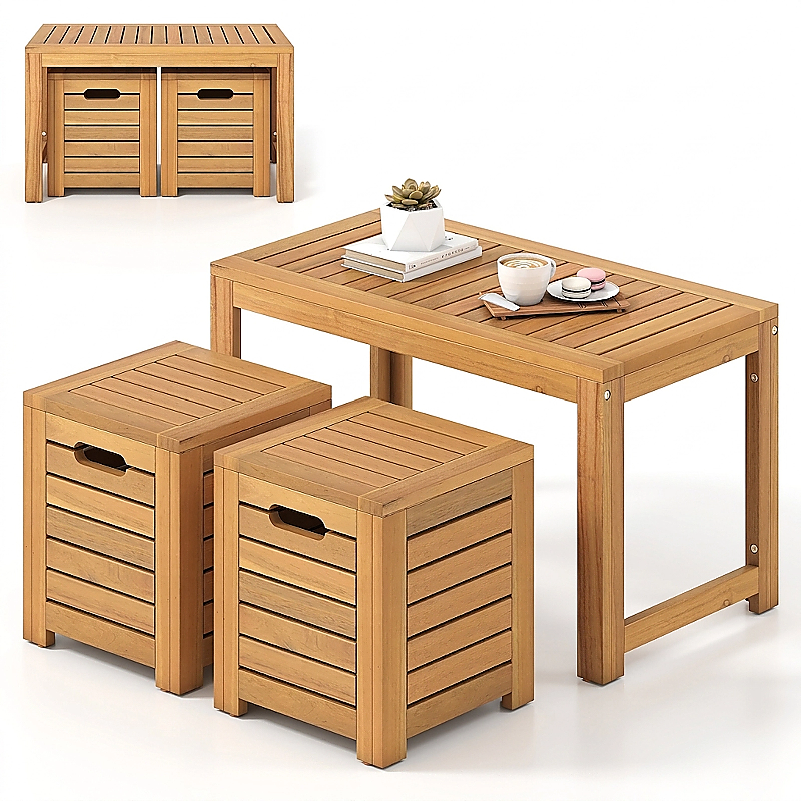 SUGIFT 2 Storage Stools 3-Piece Natural Acacia Wood Patio Coffee Table Set