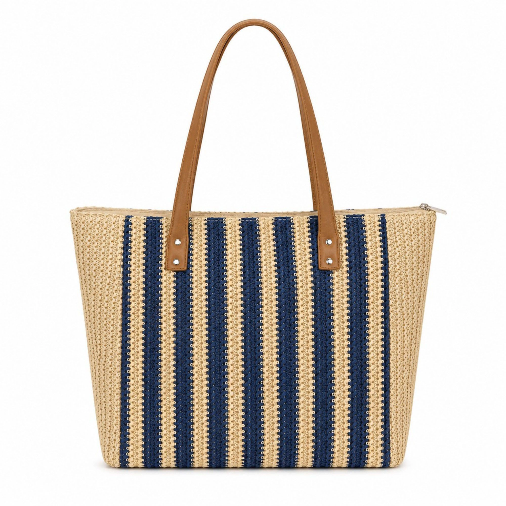 Alilang Women's Crochet Look Striped Tote Bag with Faux Leather Shoulder Straps