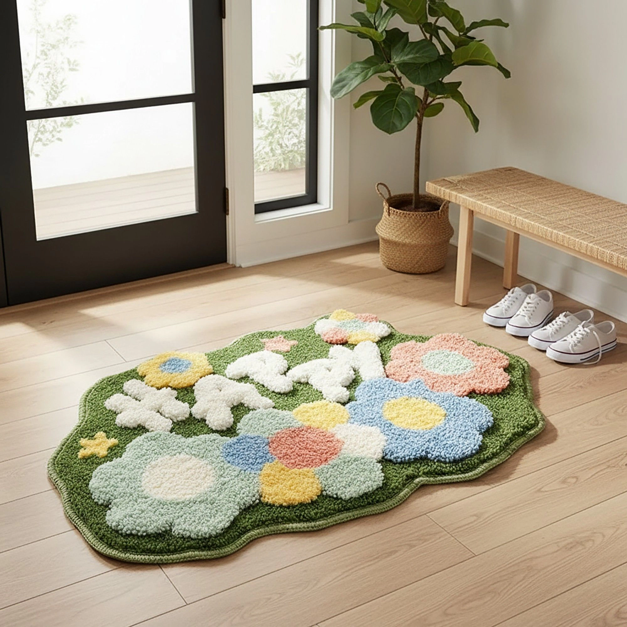 Alilang Unisex Tufted Floor Mat with Happy Text and Floral Pattern Non Slip Backing Soft Plush Decorative Scalloped Edge