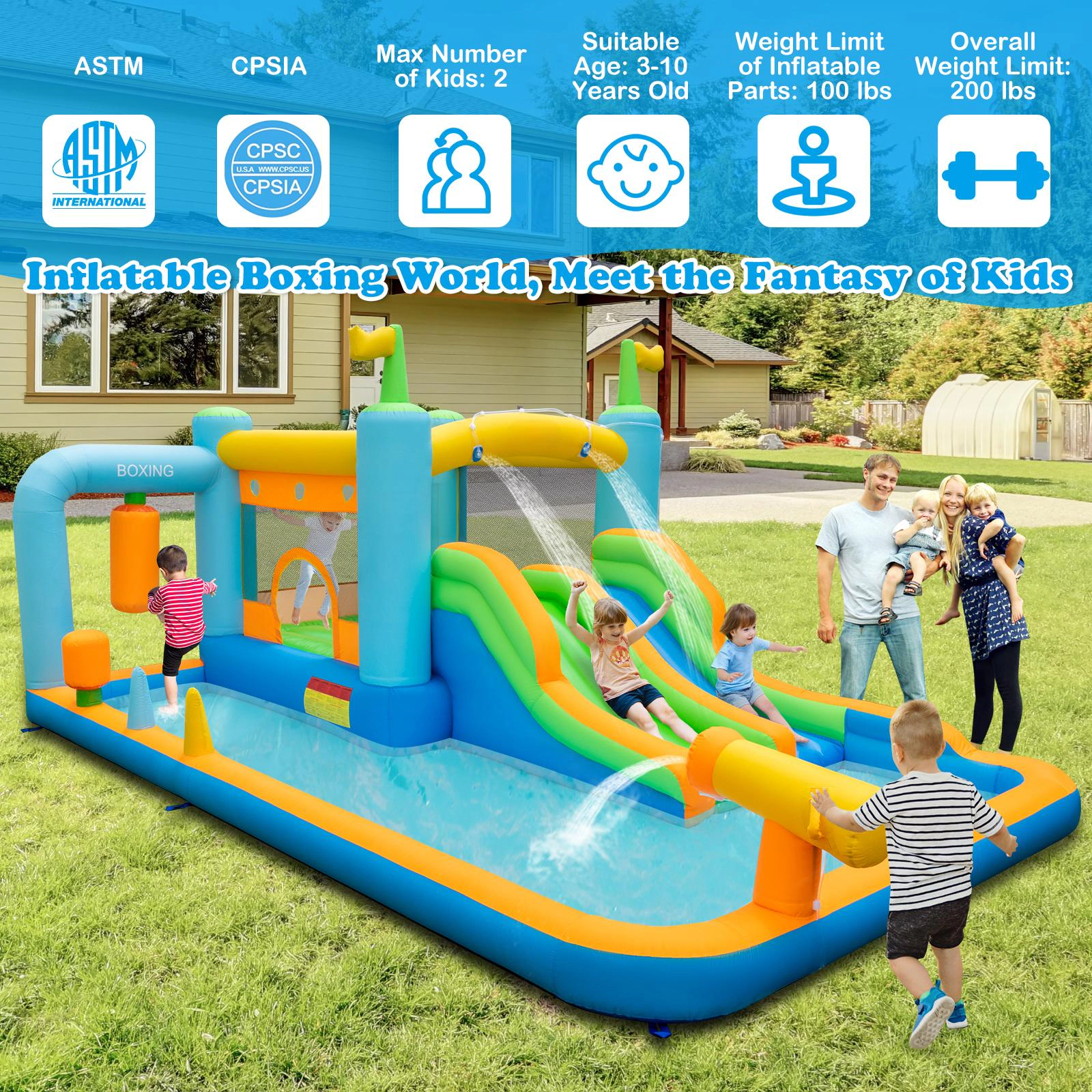 SUGIFT Giant 200-lb Capacity Inflatable Water Slide with Dual 6-ft Slides Splash Pool and 680W Blower