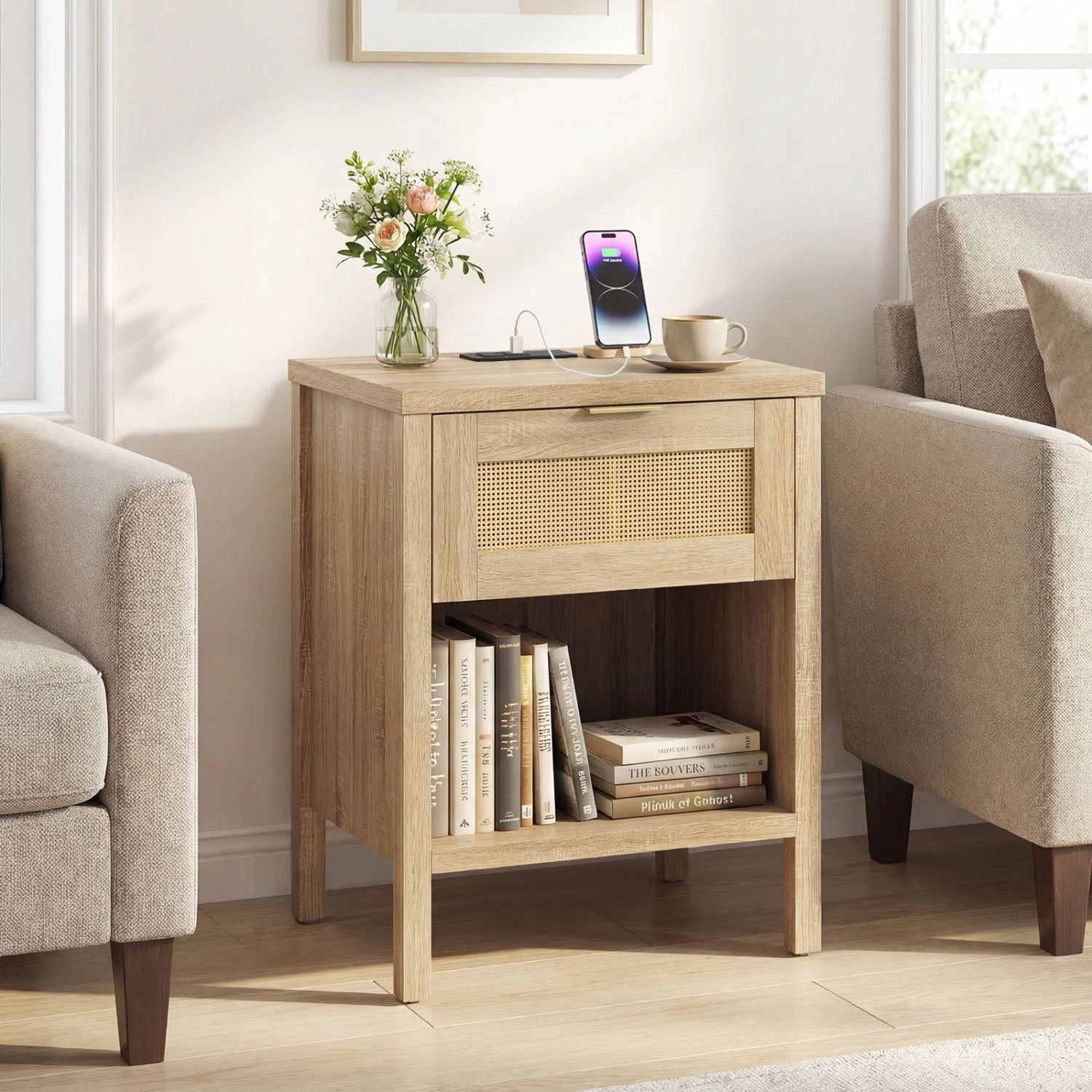 SlickBlue Rattan Nightstand with Charging Station and Drawer