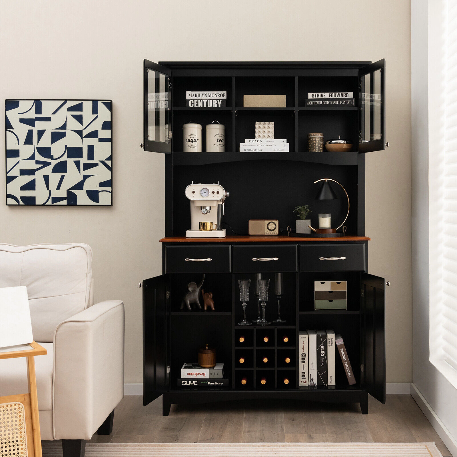 SUGIFT 72.5-in Tall 445-lb Capacity Black Storage Cabinet Hutch with 9-Bottle Wine Rack Glass Doors and 3 Drawers