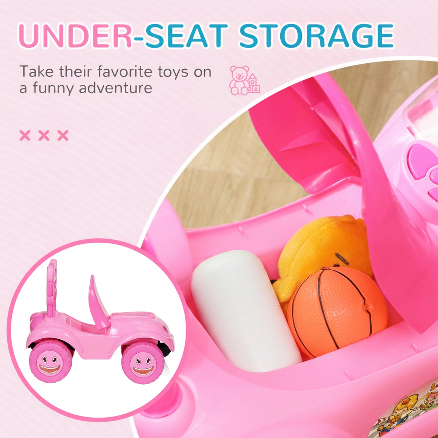 HONGGE Foot-to-Floor Toddler Ride-On Car with Horn, Lights, Music and Under-Seat Storage, Sliding Toy for 18-36 Months