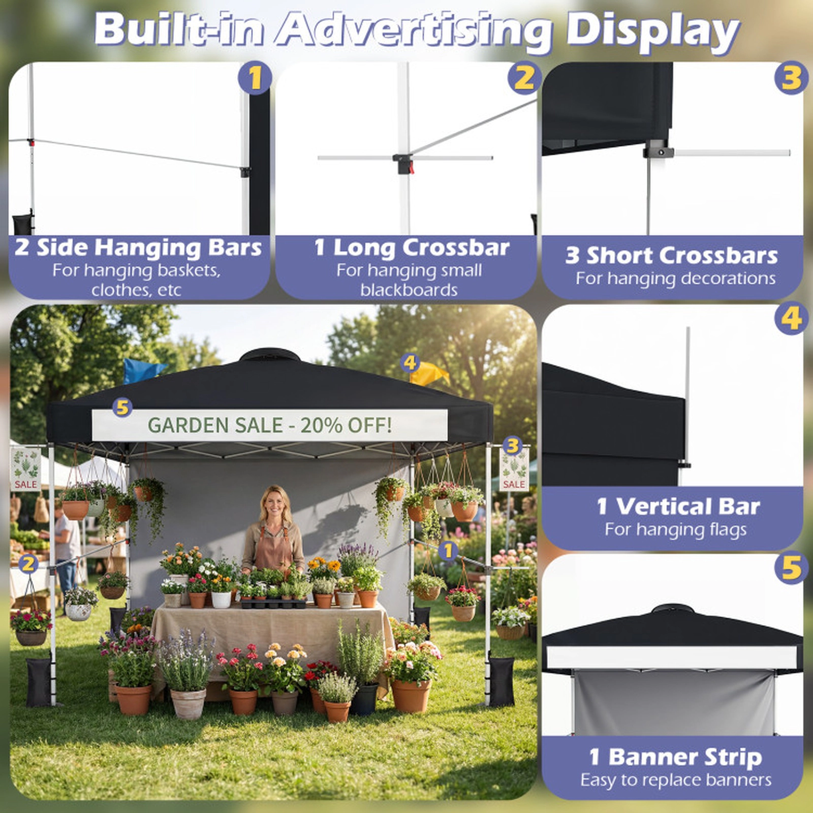 SUGIFT Black Commercial Pop Up Canopy Tent with Banner Strip Hanging Bars and Roller Bag 10-ft W 10-ft D 9.5-ft H