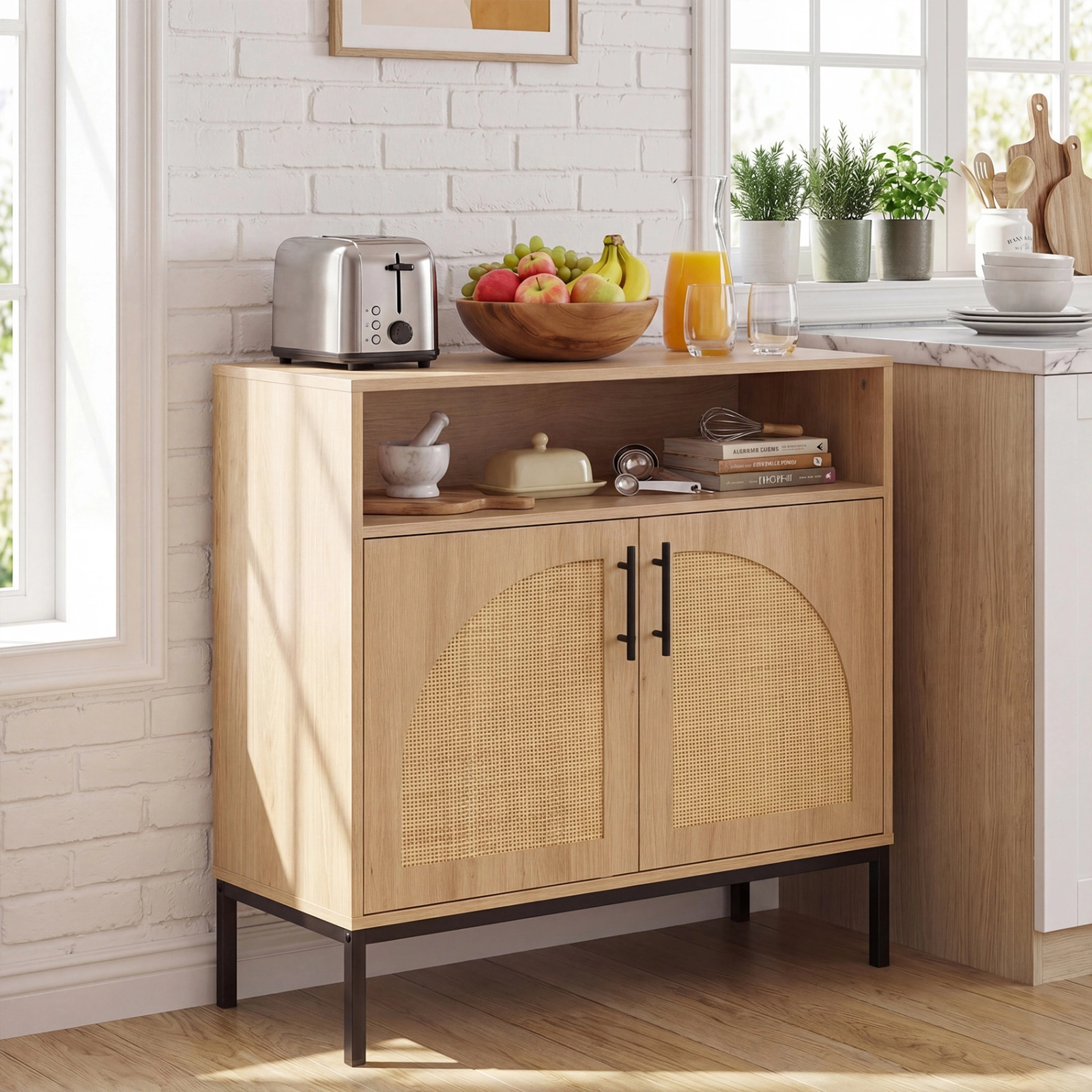 SUGIFT Rattan Door Sideboard Buffet Cabinet with Shelf 145-lb Capacity 32.5-in Tall 32-in Wide 2-Door Natural/White