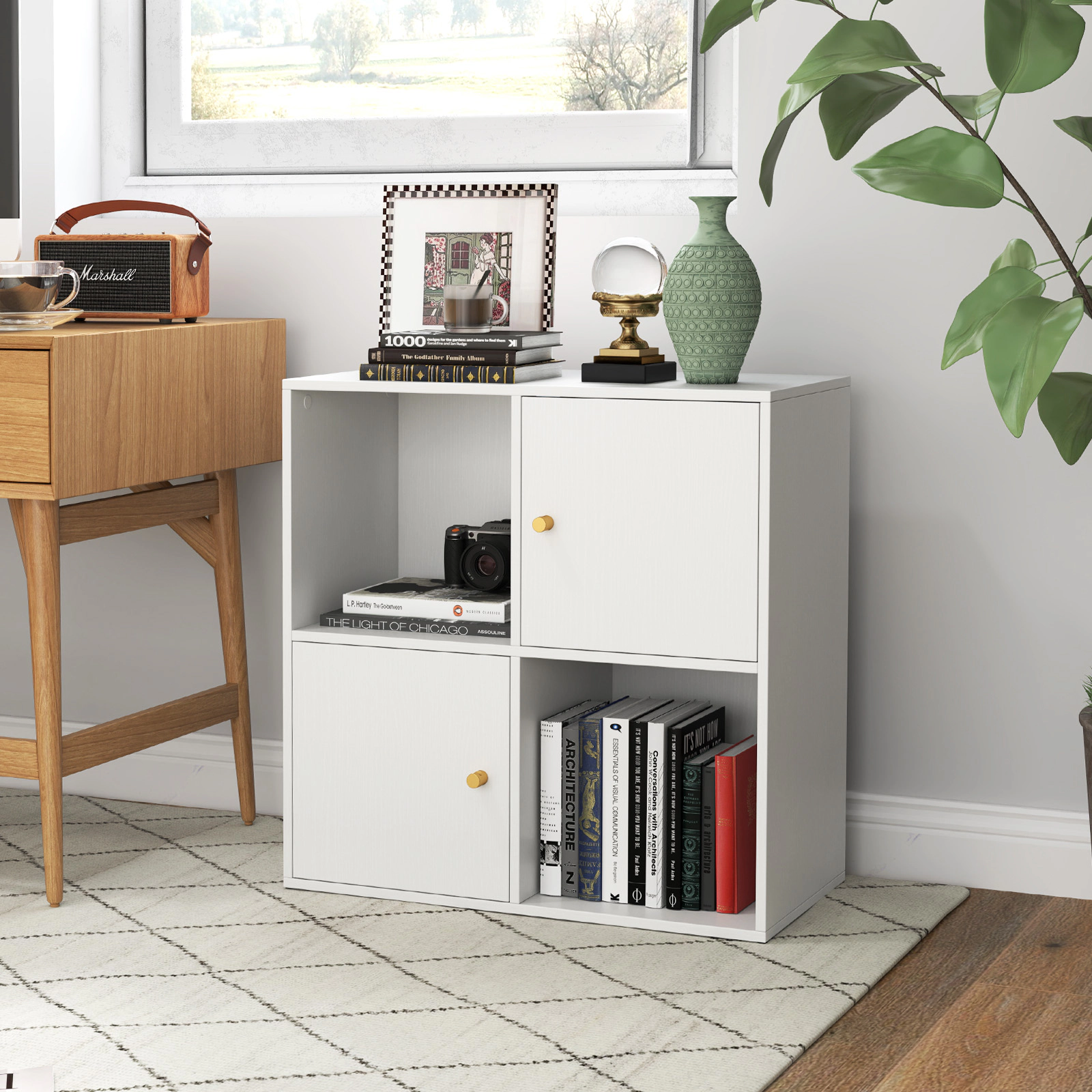 SUGIFT 4-Cube White 24-in Bookshelf with 2 Cabinet Doors Dual Anti-Tipping Kits and 45-lb Cubes