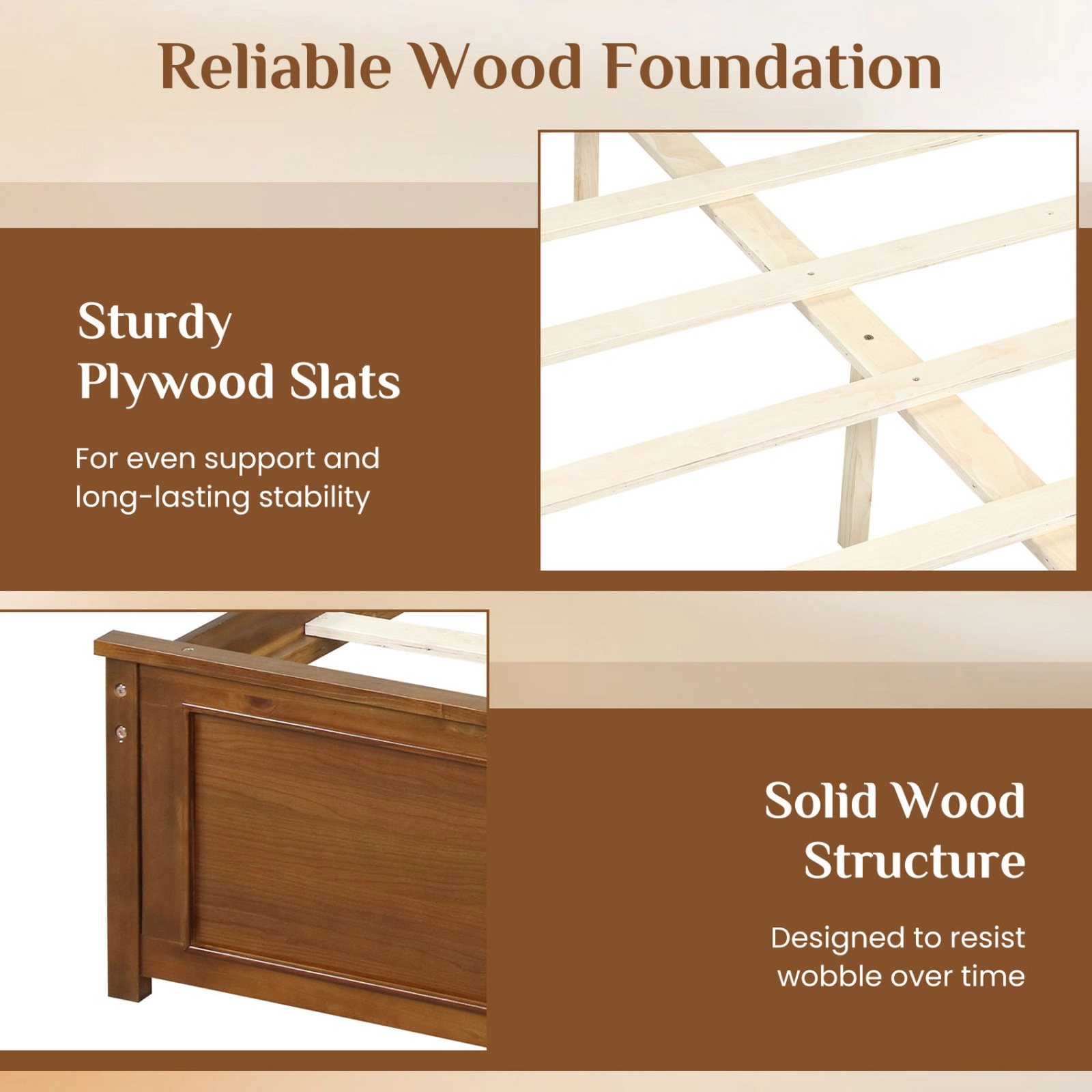 SUGIFT Solid Wood Platform Bed Frame with Headboard 600-lb Capacity 12-in Underbed Clearance Full Size Walnut