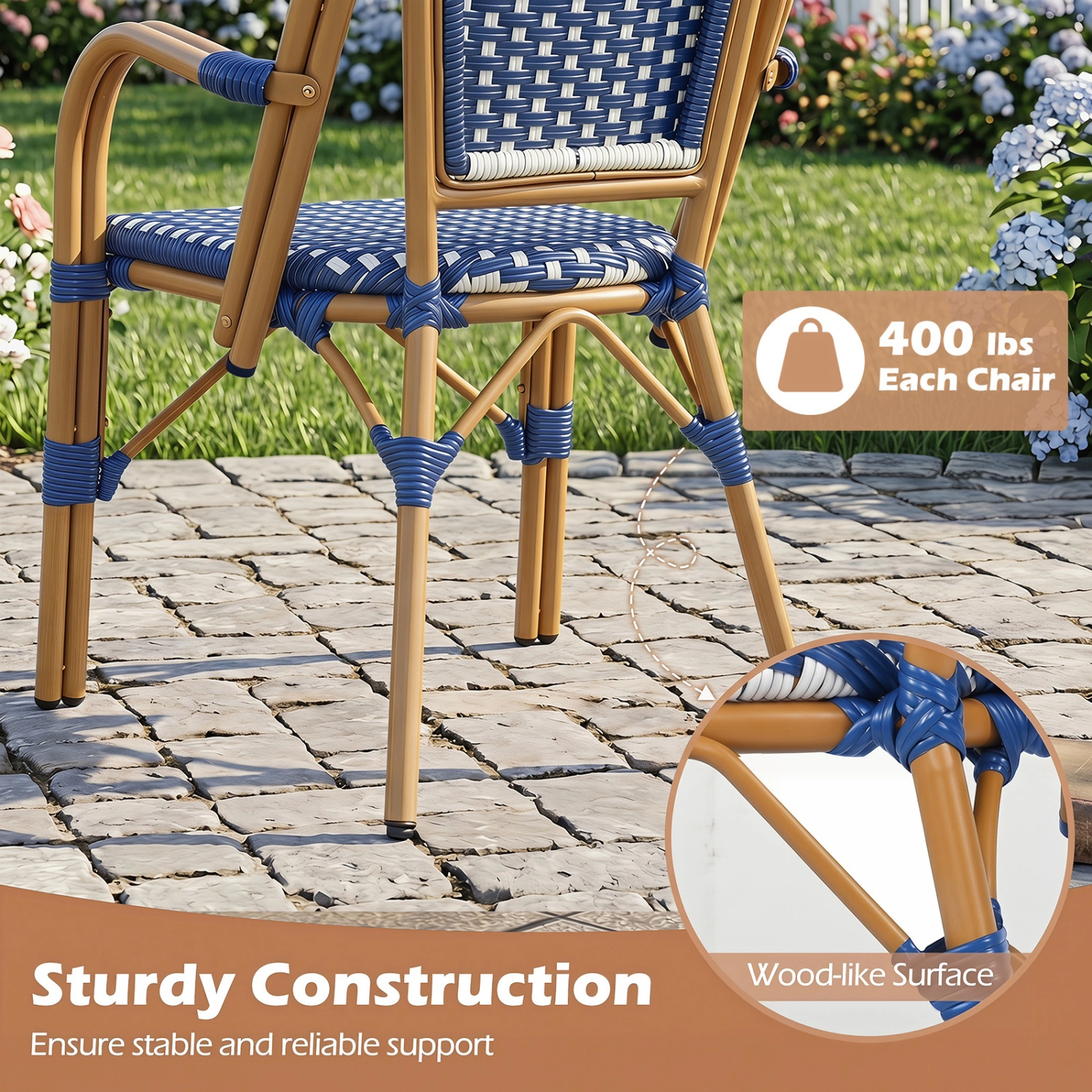 SUGIFT Set of 2 PE Wicker French Bistro Patio Chairs, Blue and White