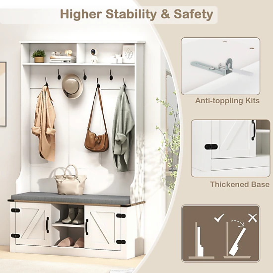 Glintex 4-in-1 Hall Tree with Cushioned Bench Shoe Cabinet and 7 Metal Hooks, White