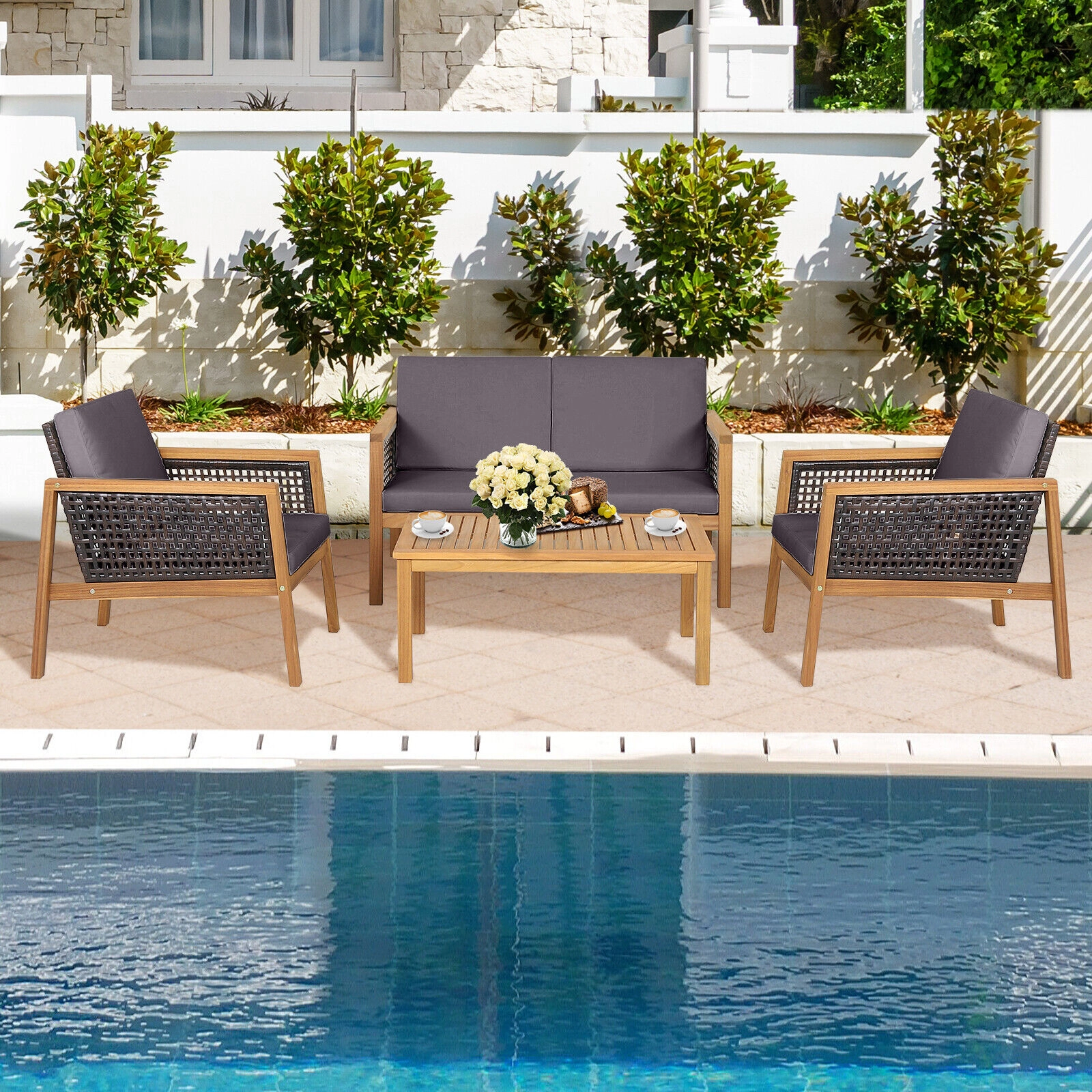 LJG 4 Pieces Patio Rattan Furniture Set with Removable Cushions