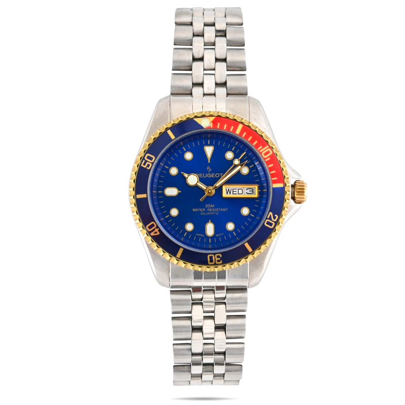 Peugeot Men's Round Day-Date Rotating Bezel Watch with Stainless Steel Bracelet
