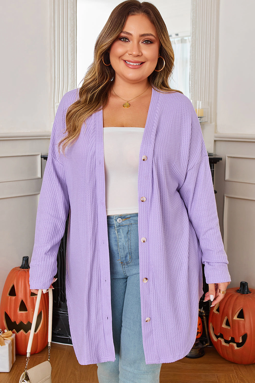 Threaded Pear Women's Rosie Waffle Knit Front PLUS Cardigan