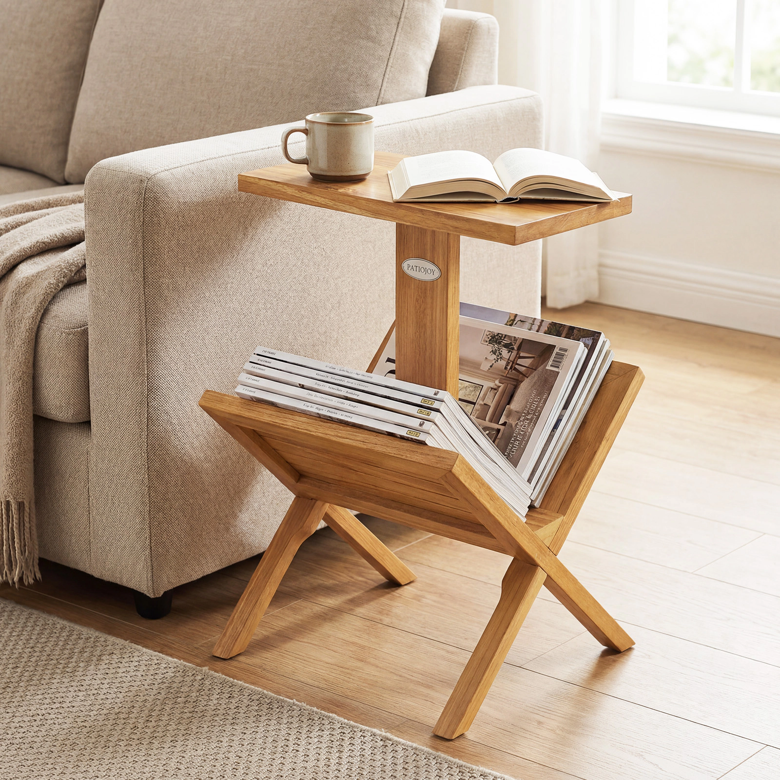 Glintex 2-Tier Teak Wood Side Table with Angled Magazine Rack Shelves, Natural