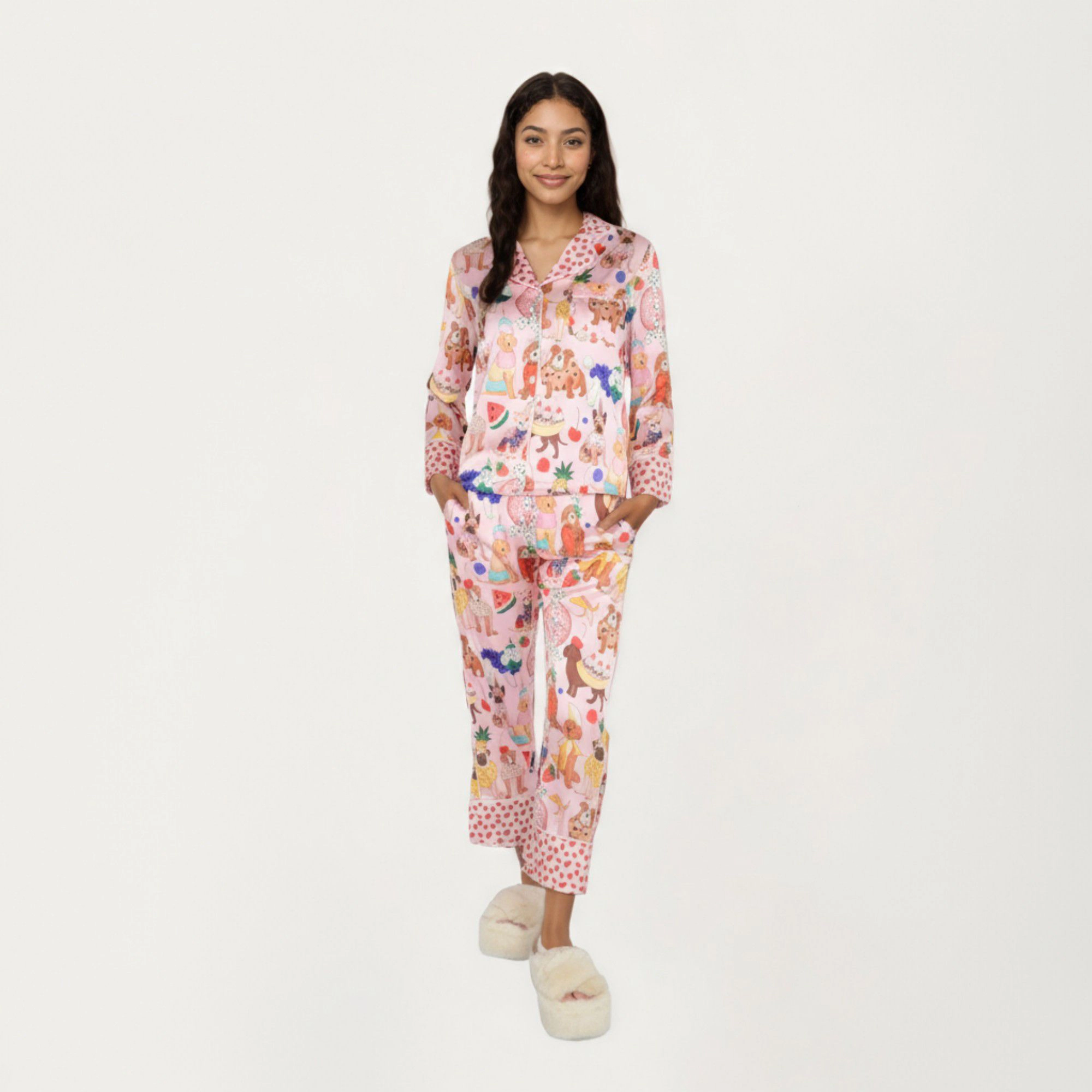 Anna-Kaci Women's 2-Piece Button Front Pajama Set with Playful Dog Print and Soft Silky Fabric for Relaxed Comfort