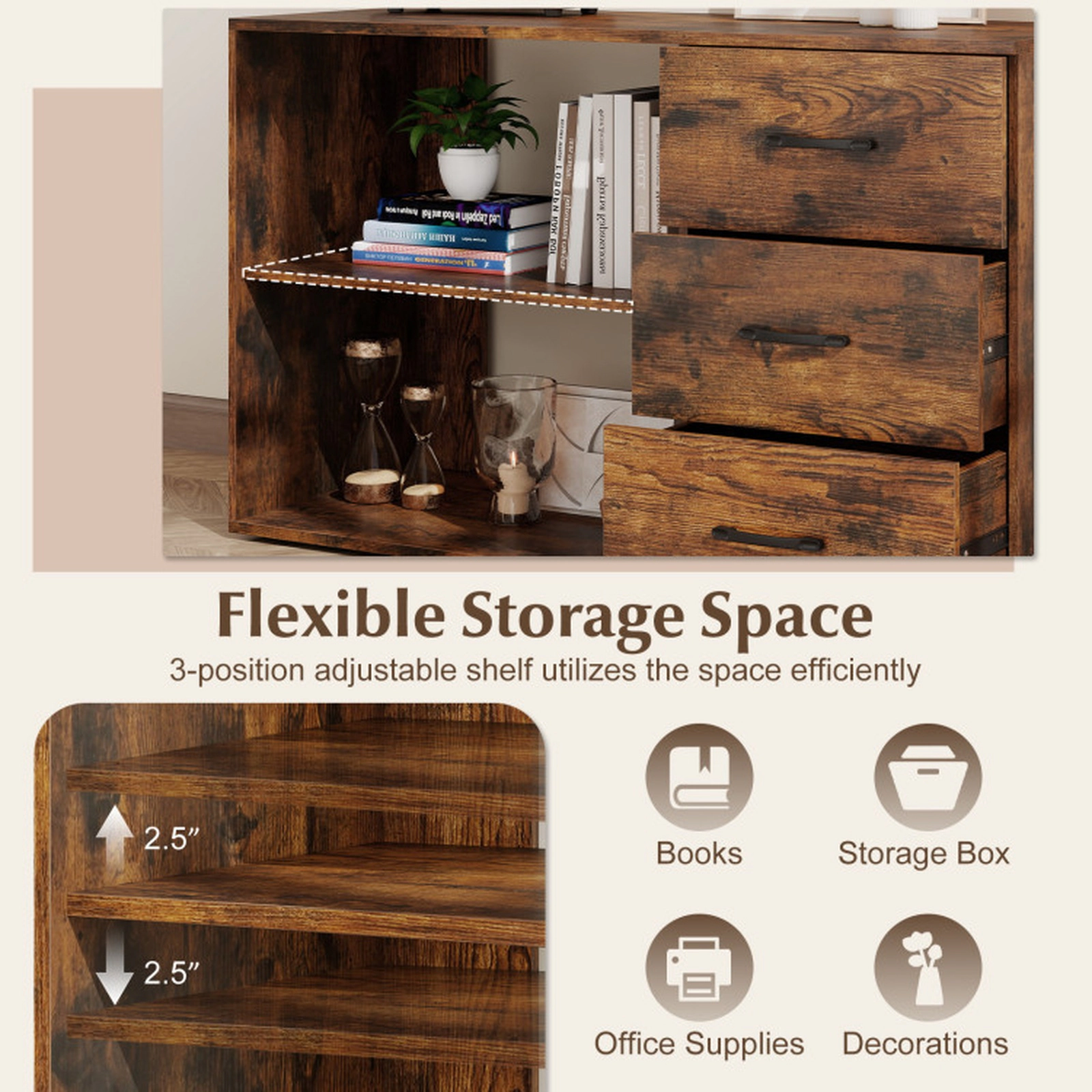 SUGIFT 110-lb Capacity Rustic Brown 55-in Reversible L-Shaped Desk with 3 Drawers and Adjustable Shelf