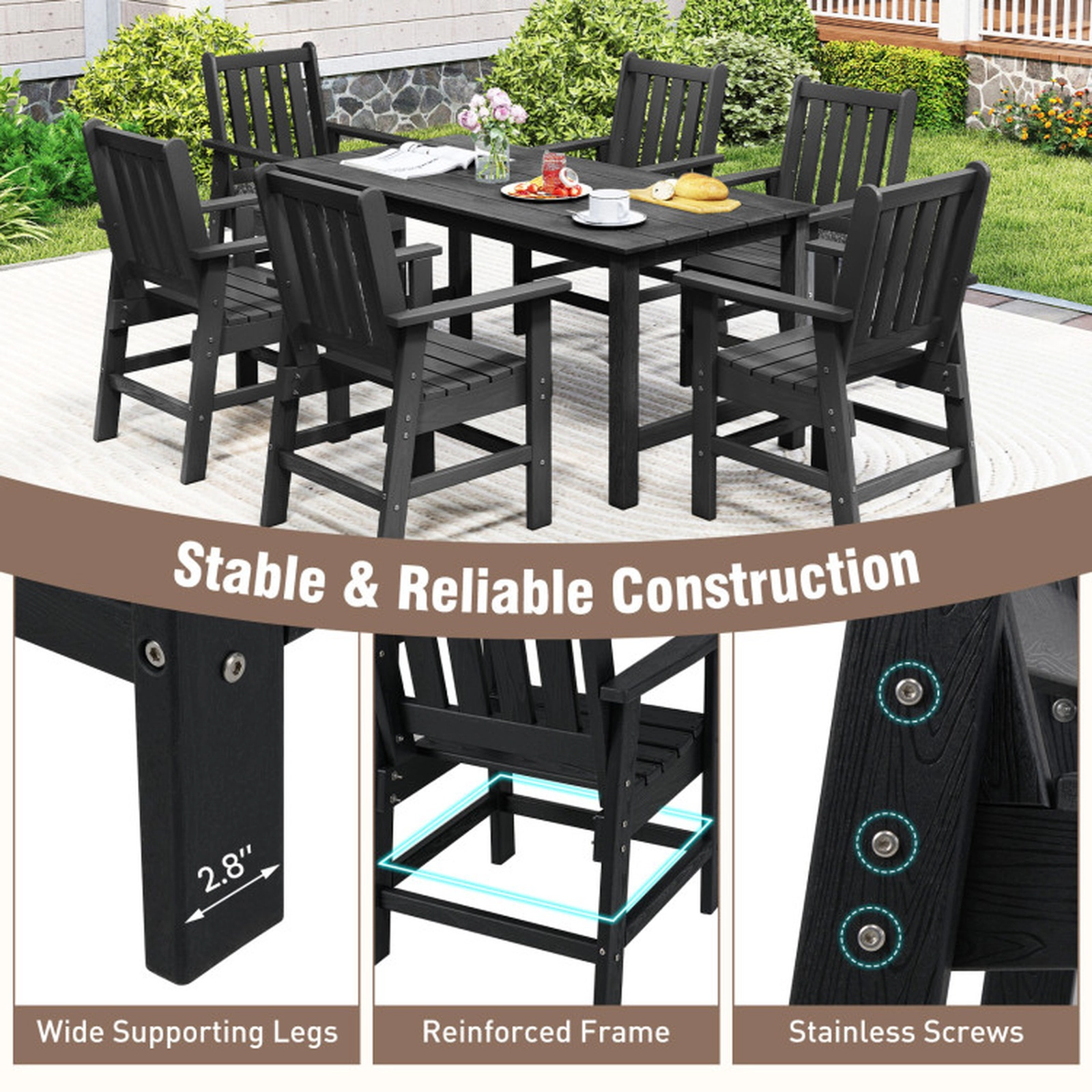 SUGIFT Set of 4 All Weather HDPE Slatted Armrests Patio Dining Chairs 24-in x 24-in x 37.5-in 330-lb Capacity Black