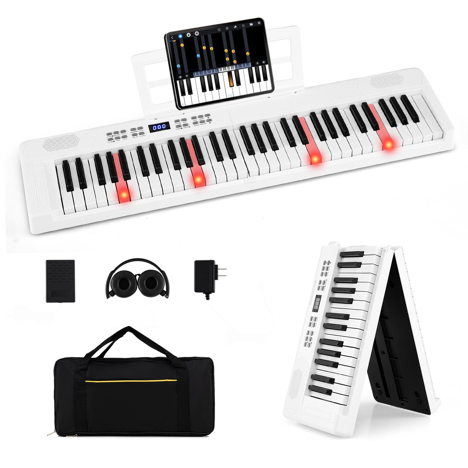 SUGIFT White 61-Key Foldable Piano Keyboard with Split Mode and Touch Response 37-in W 8.5-in D 2.5-in H