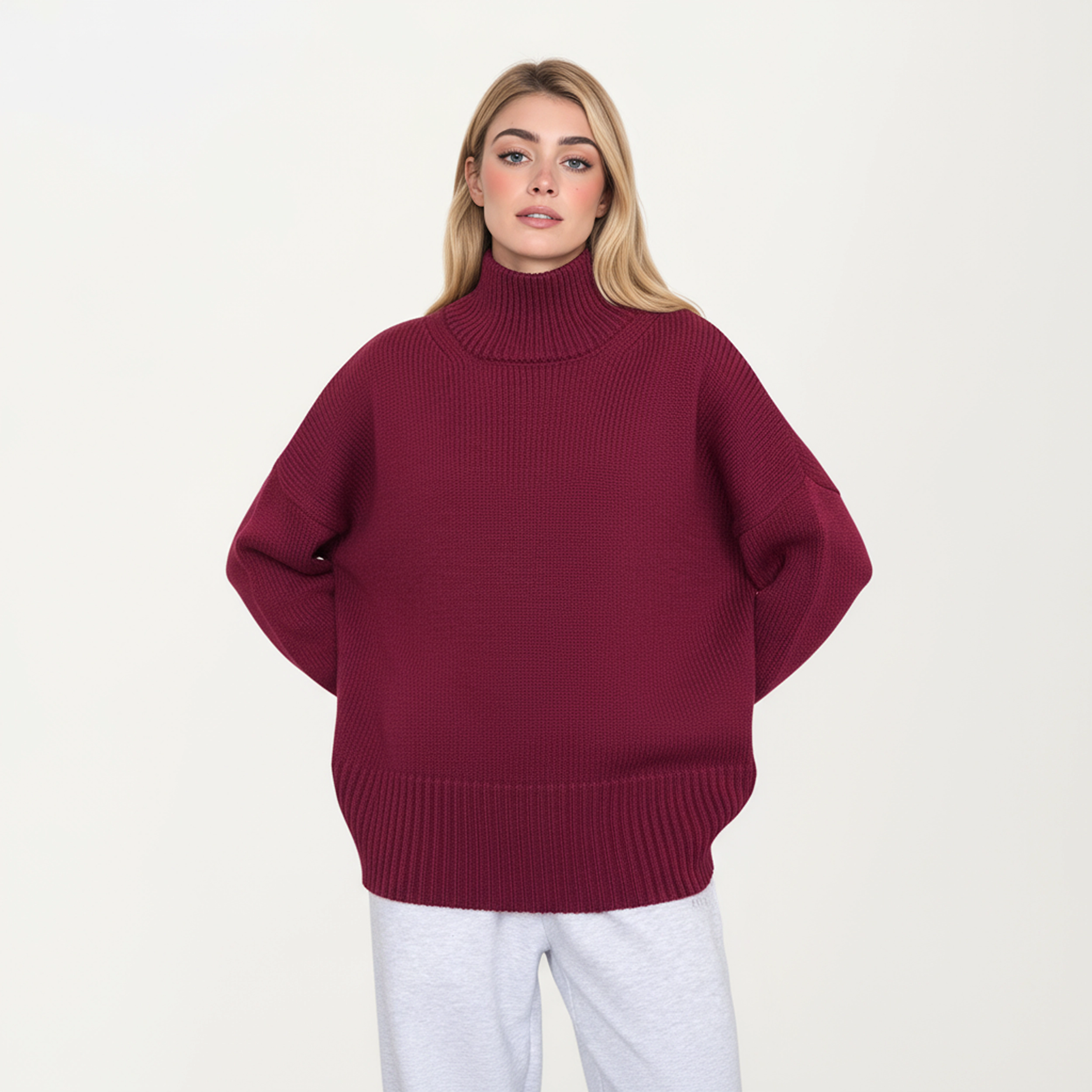 Anna-Kaci Women's Oversized Turtleneck Ribbed Hem Long Sleeve Knit Sweater