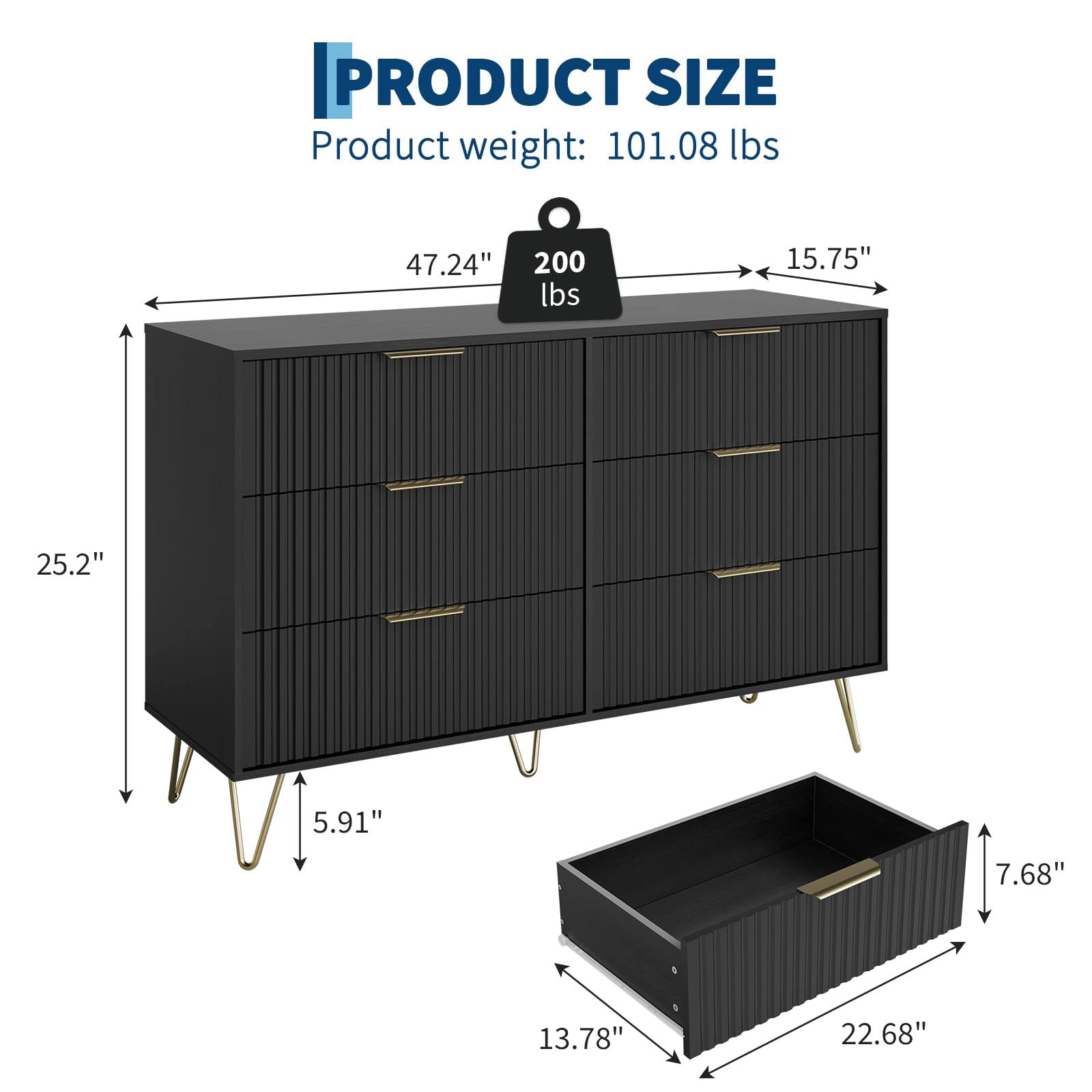 47" Wide Fluted 6 Drawer Dresser with Metal Handles, Modern Wood Storage Chest