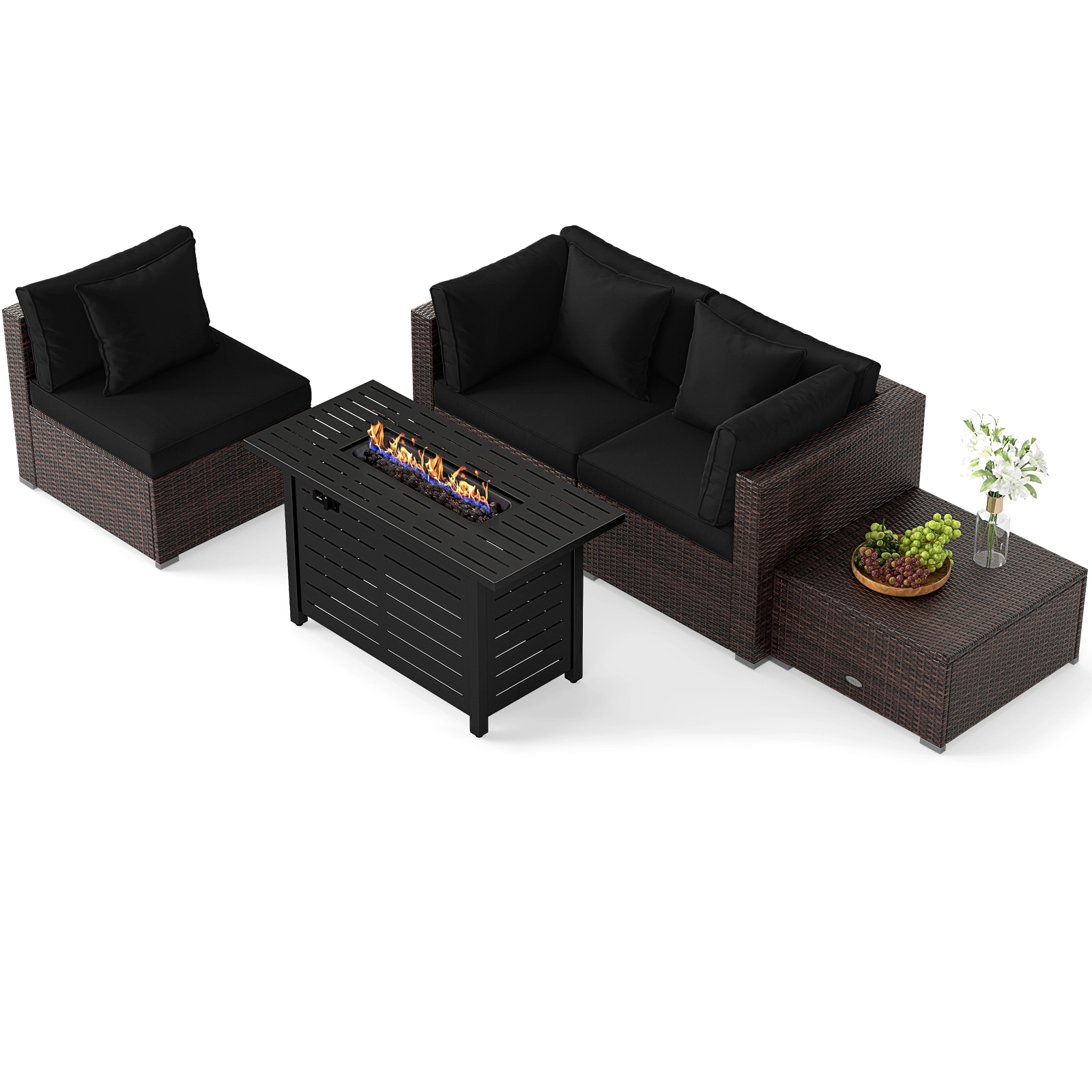 LJG Heavy-duty Frame Rattan Sofa Set with 60000 BTU Firepit Table